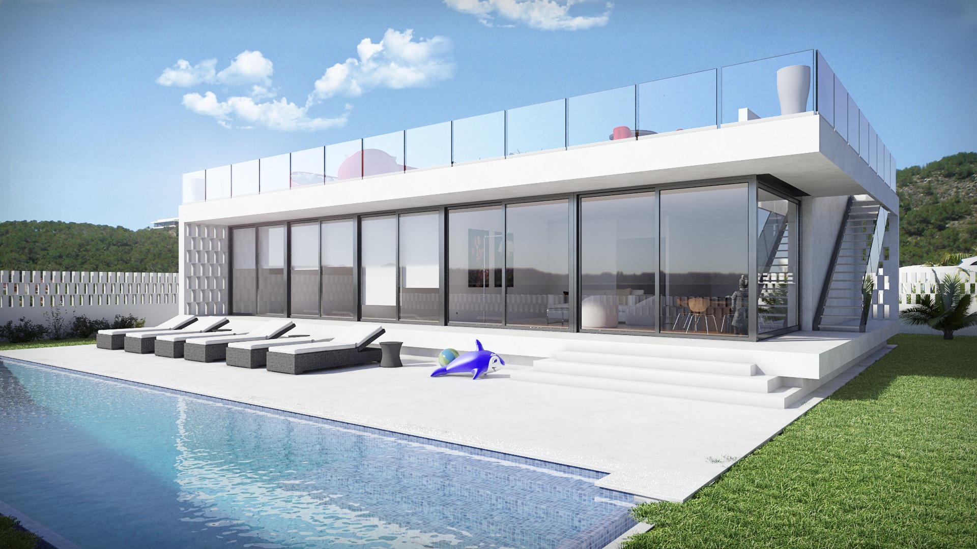 Modern house with swimming pool and lounge chairs HD Wallpaper