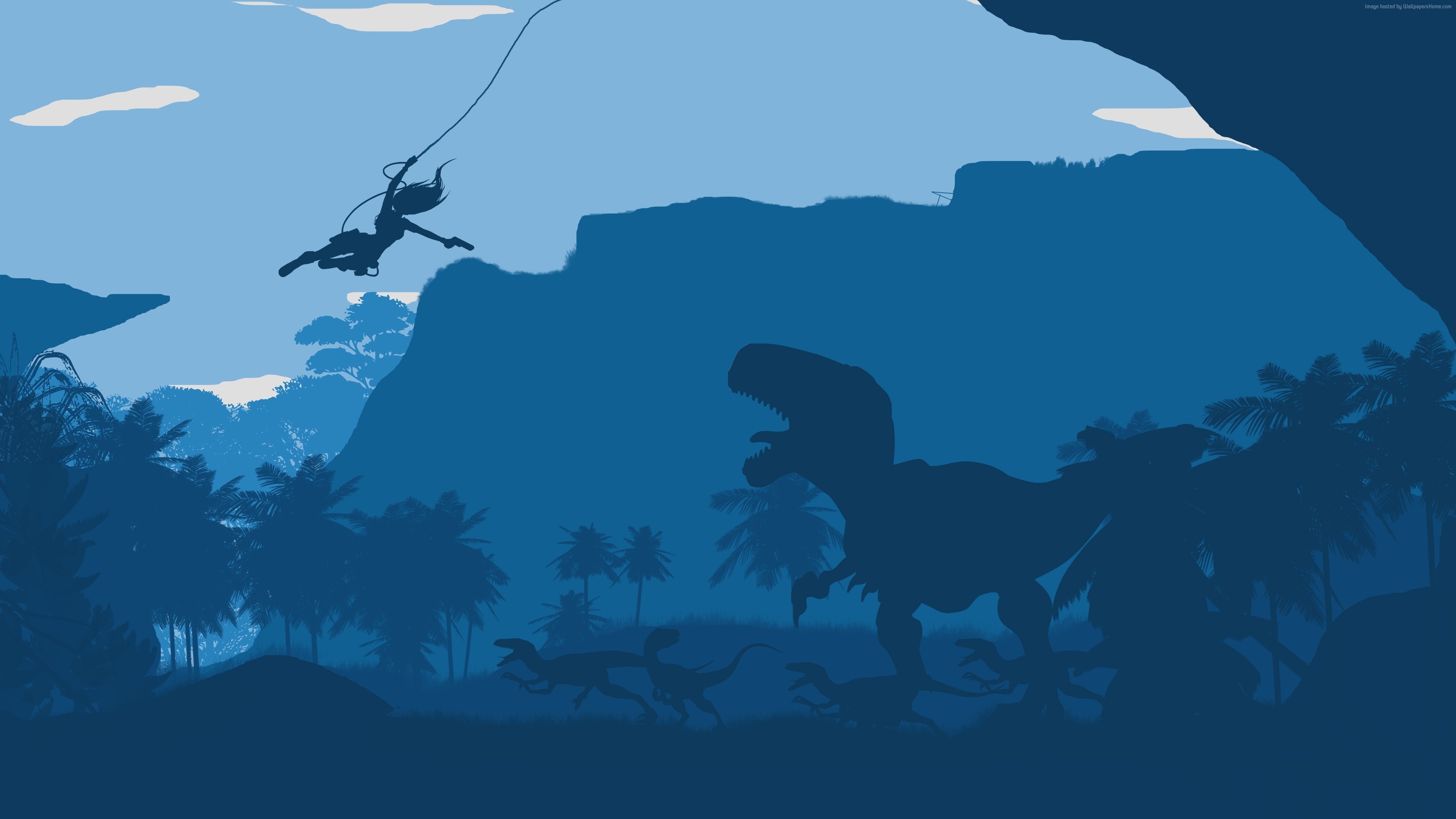 Lara Croft from Tomb Raider swinging over dinosaurs HD Wallpaper