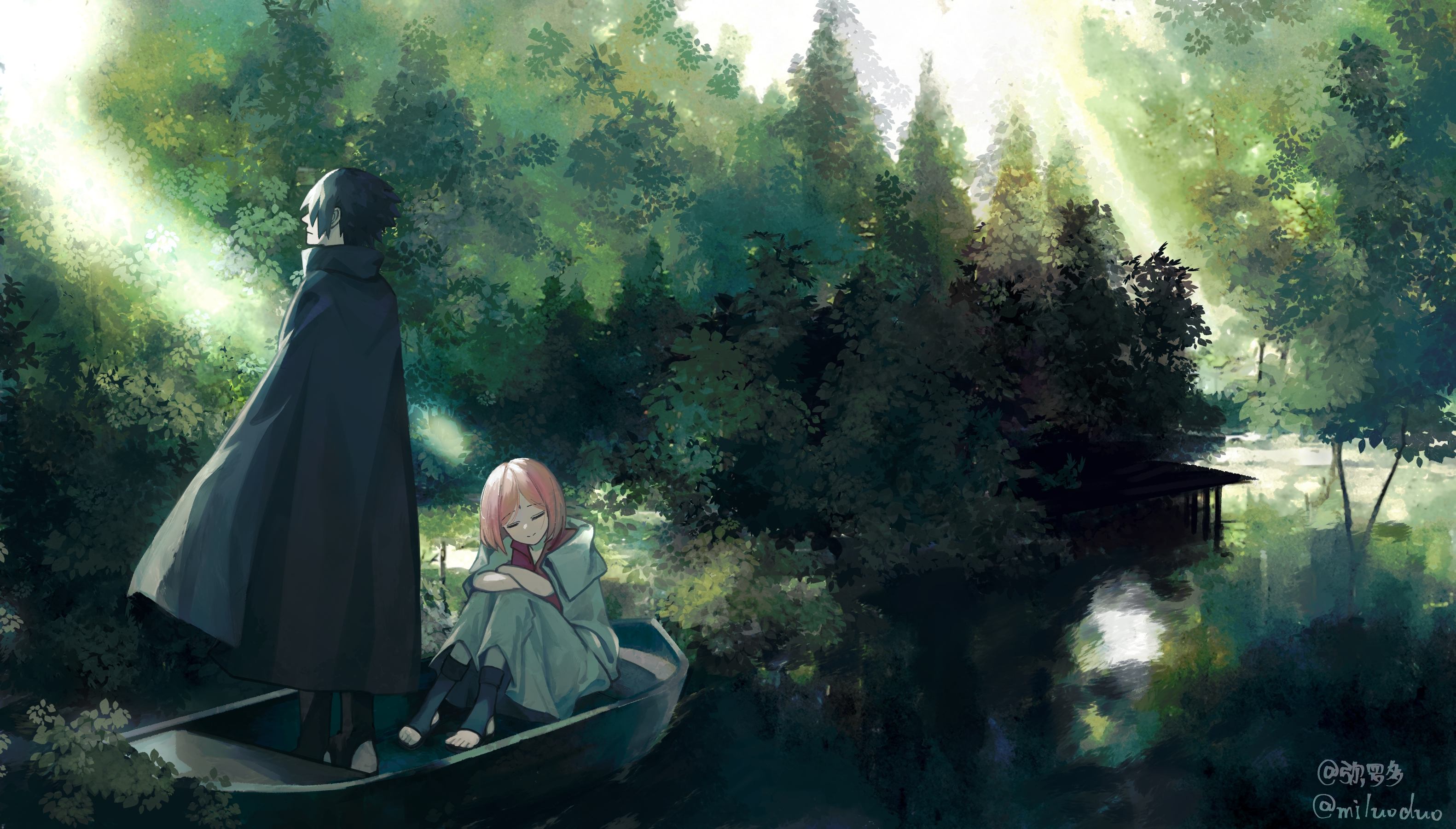 Sasuke and Sakura from Naruto in a boat HD Wallpaper