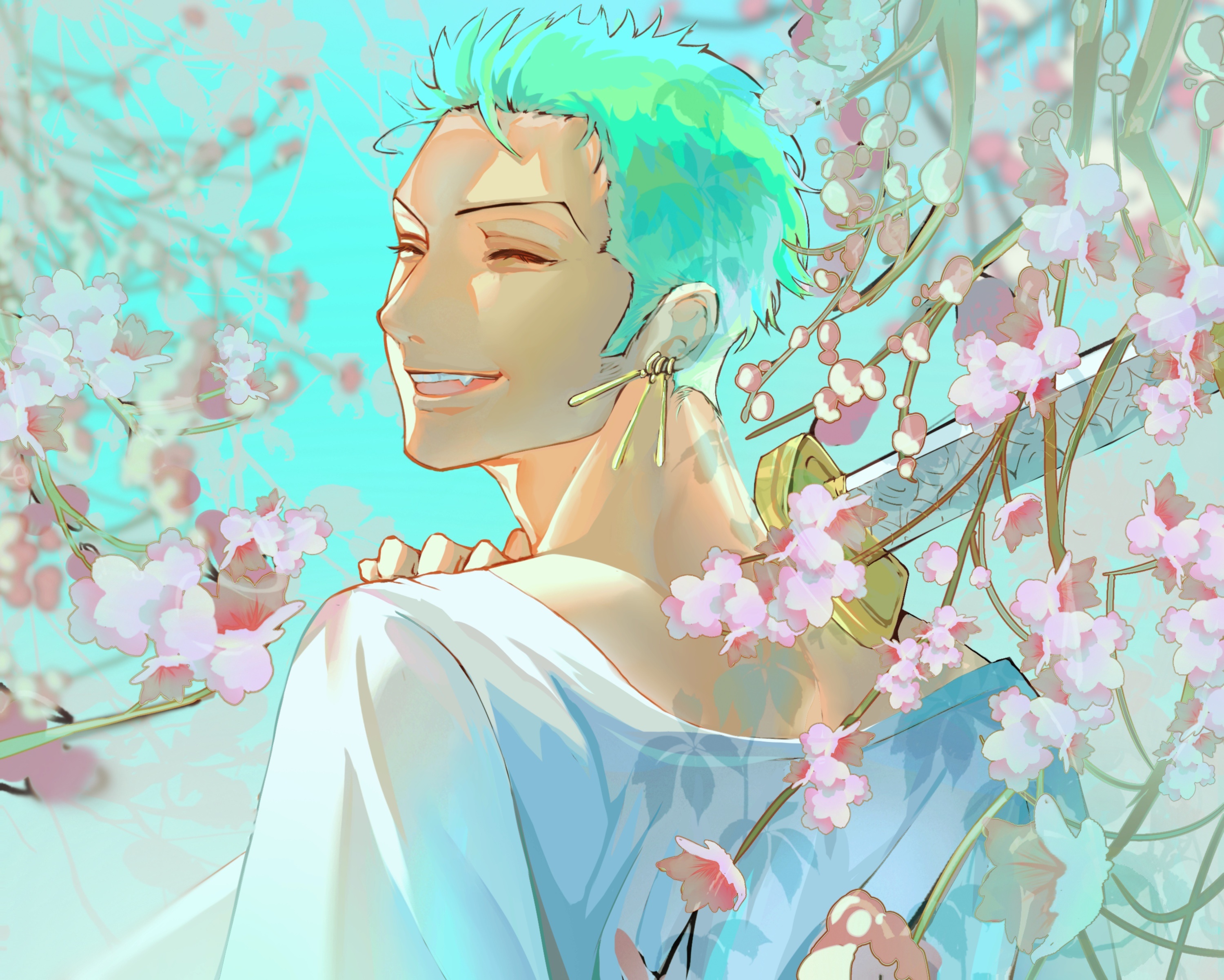 Roronoa Zoro from One Piece with cherry blossoms HD Wallpaper