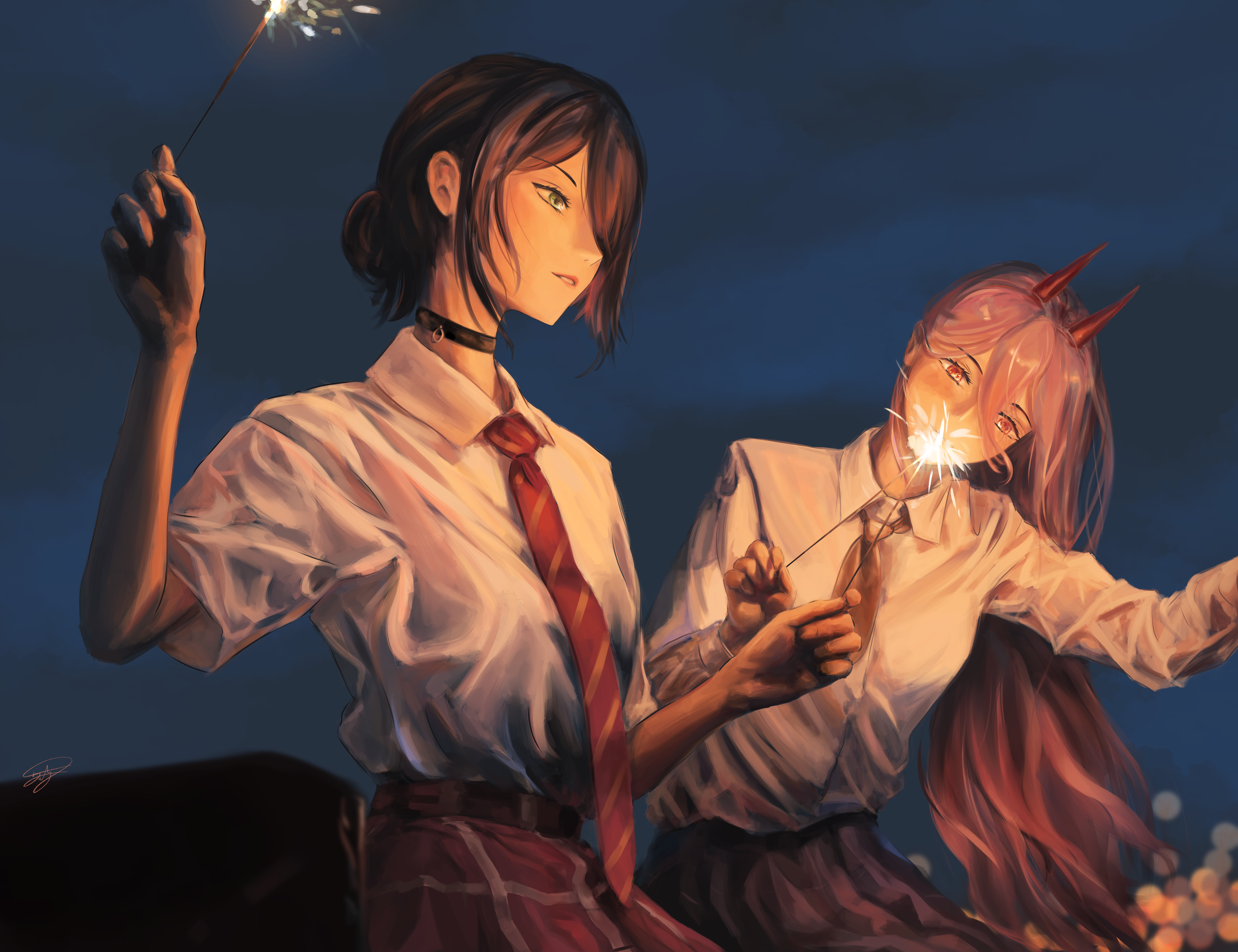 Power and Reze from Chainsaw Man with sparklers HD Wallpaper