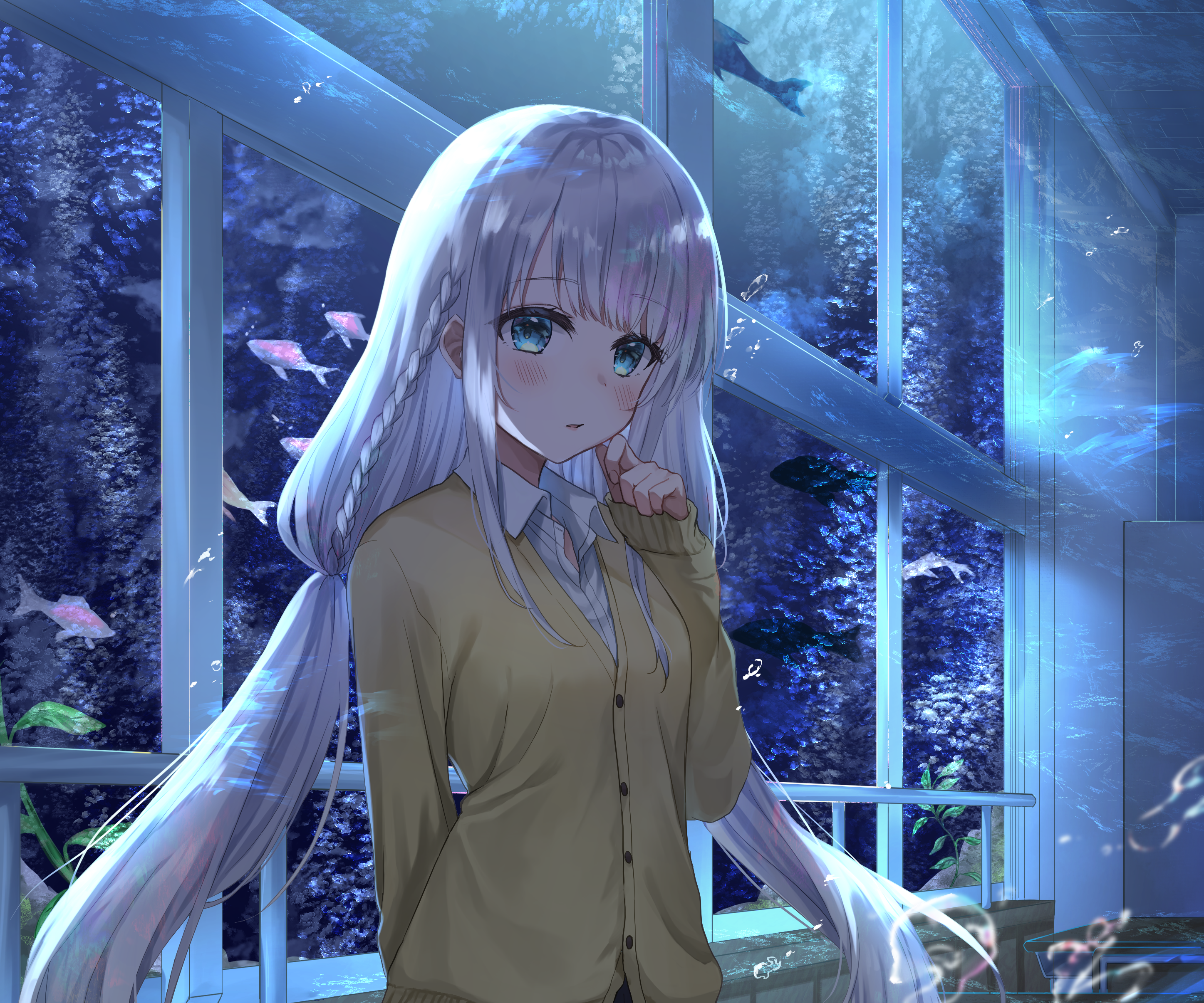 Girl with long white hair in an aquarium HD Wallpaper