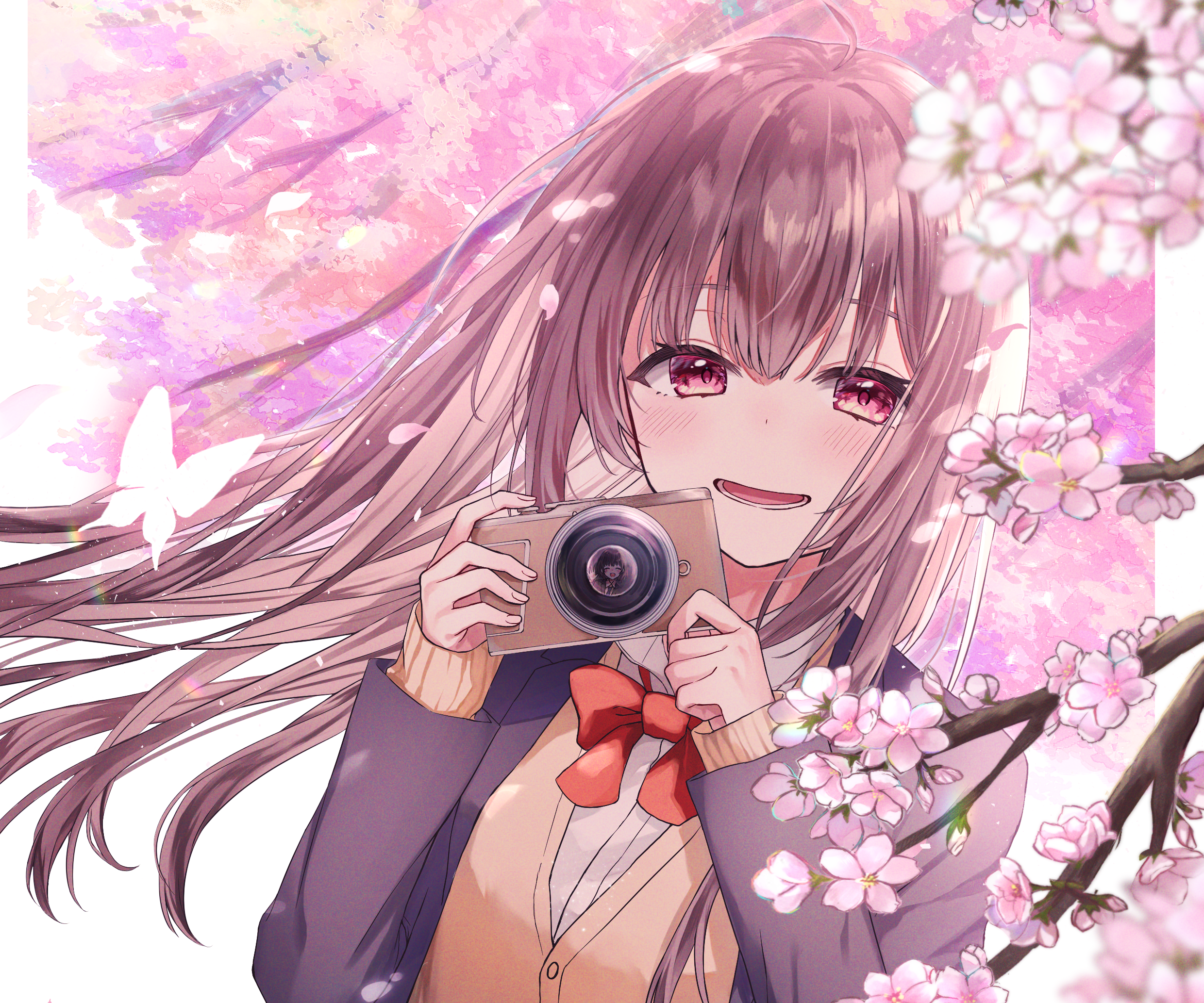Anime girl holding a camera with cherry blossoms HD Wallpaper