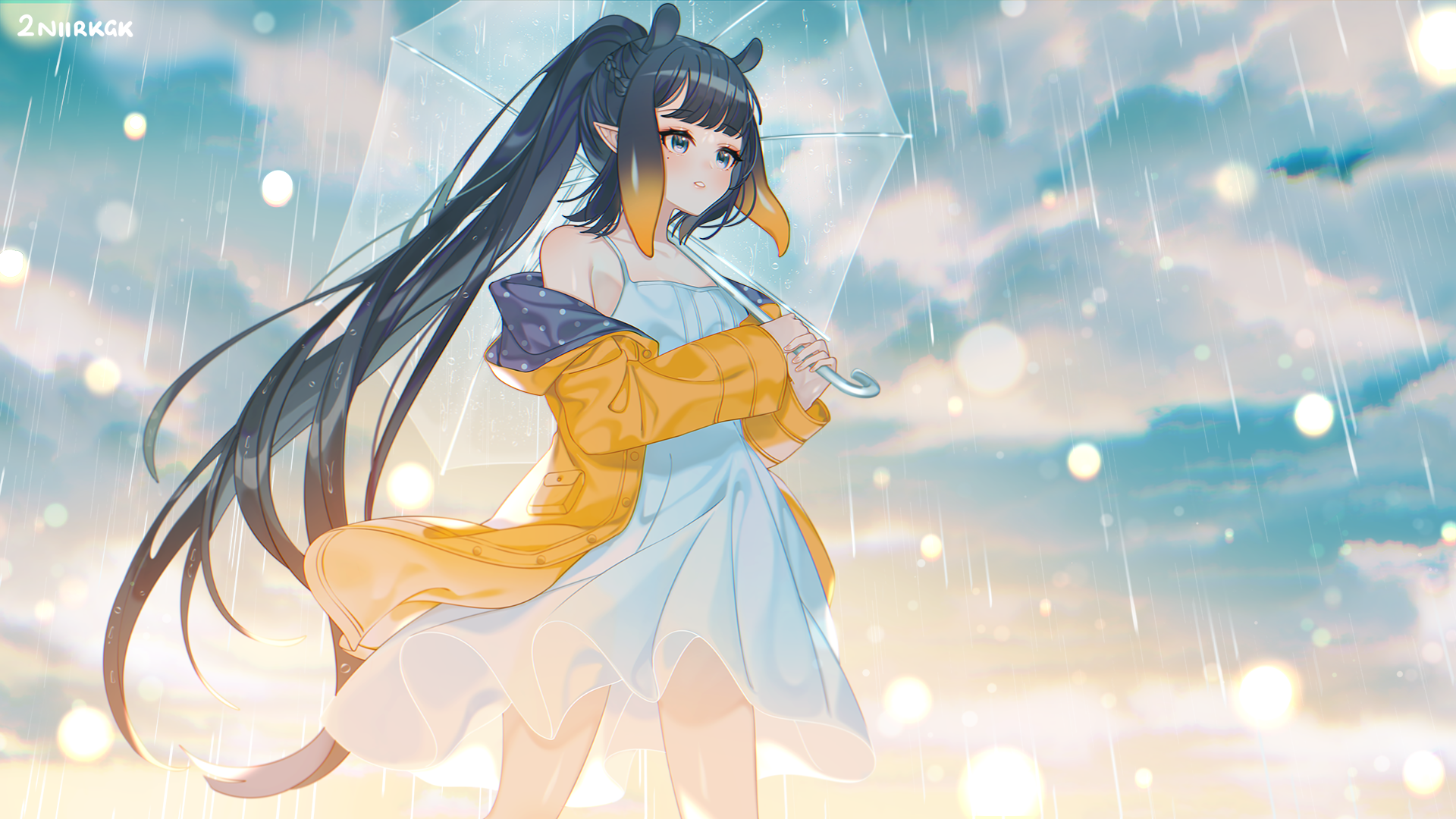 Ninomae Ina'nis from Hololive holding an umbrella in the rain HD Wallpaper
