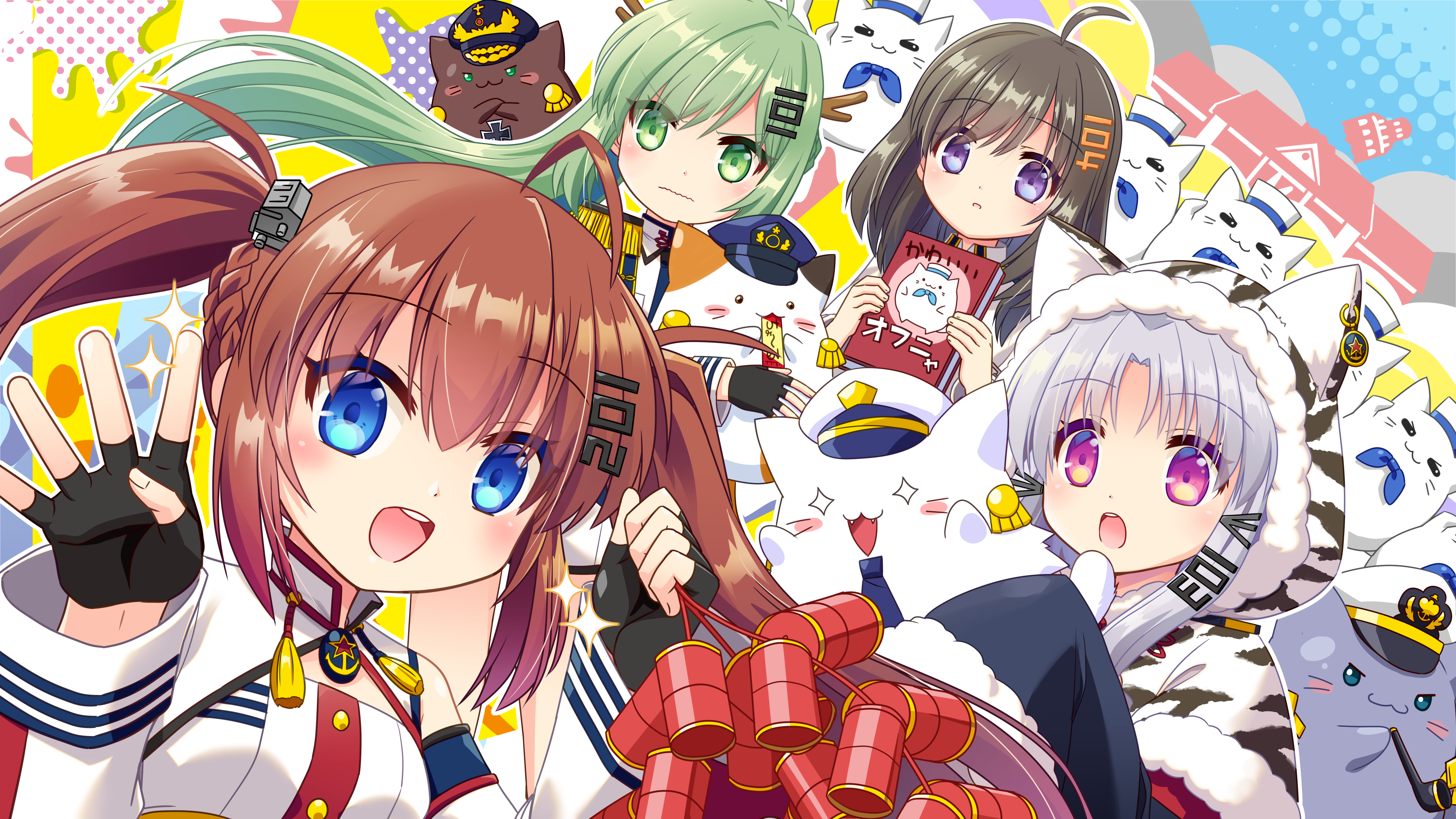 Azur Lane characters with cats and fireworks HD Wallpaper