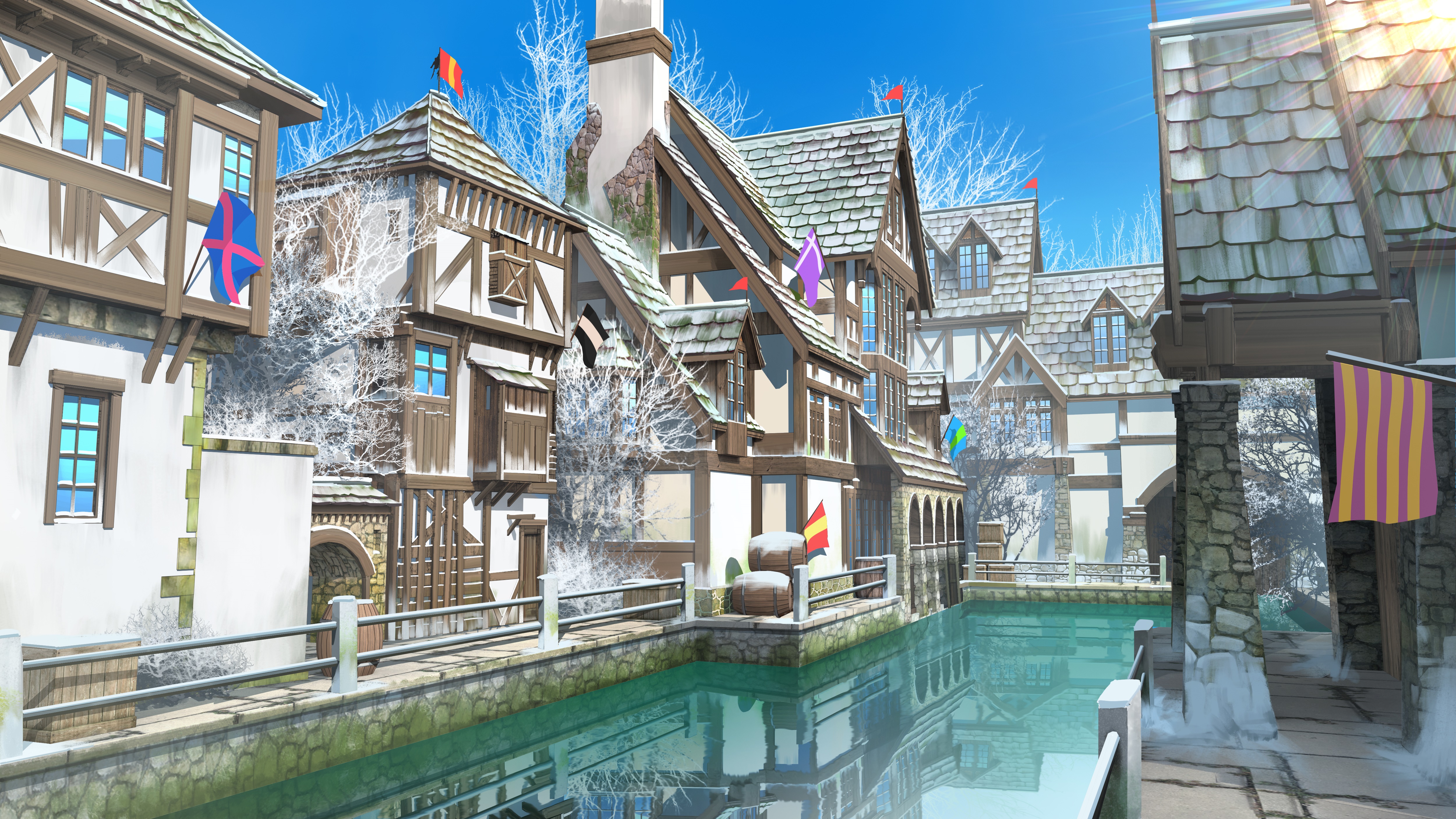Winter Village Canal with Flags 4K HD Wallpaper