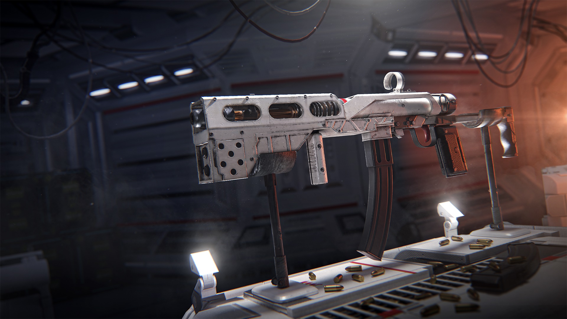 Futuristic weapon on display in a laboratory HD Wallpaper