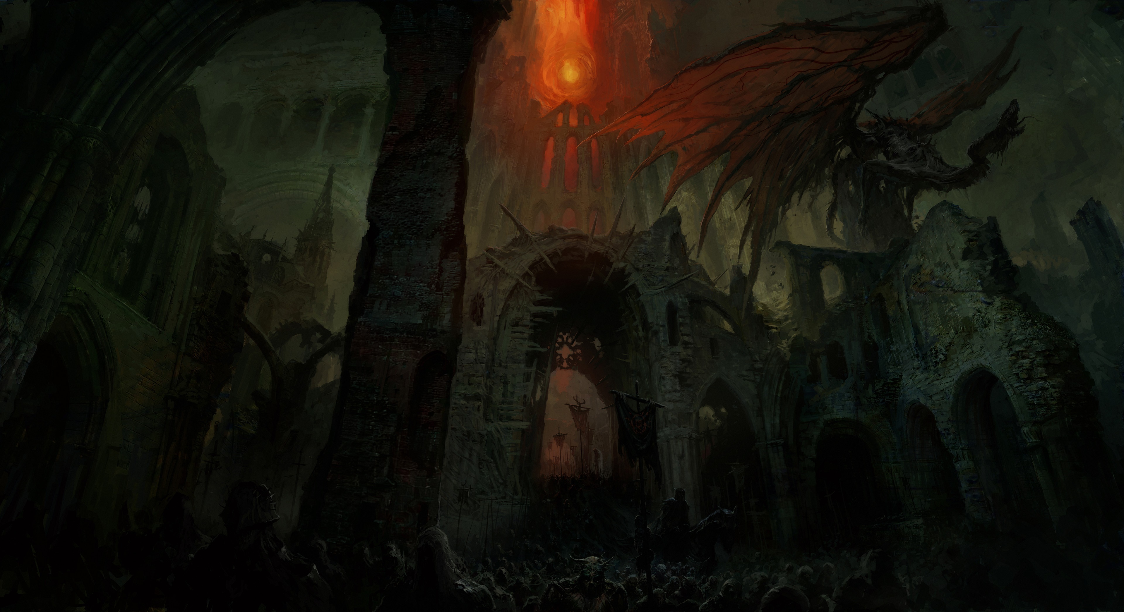 Dragon in ruined cathedral with fiery sky HD Wallpaper