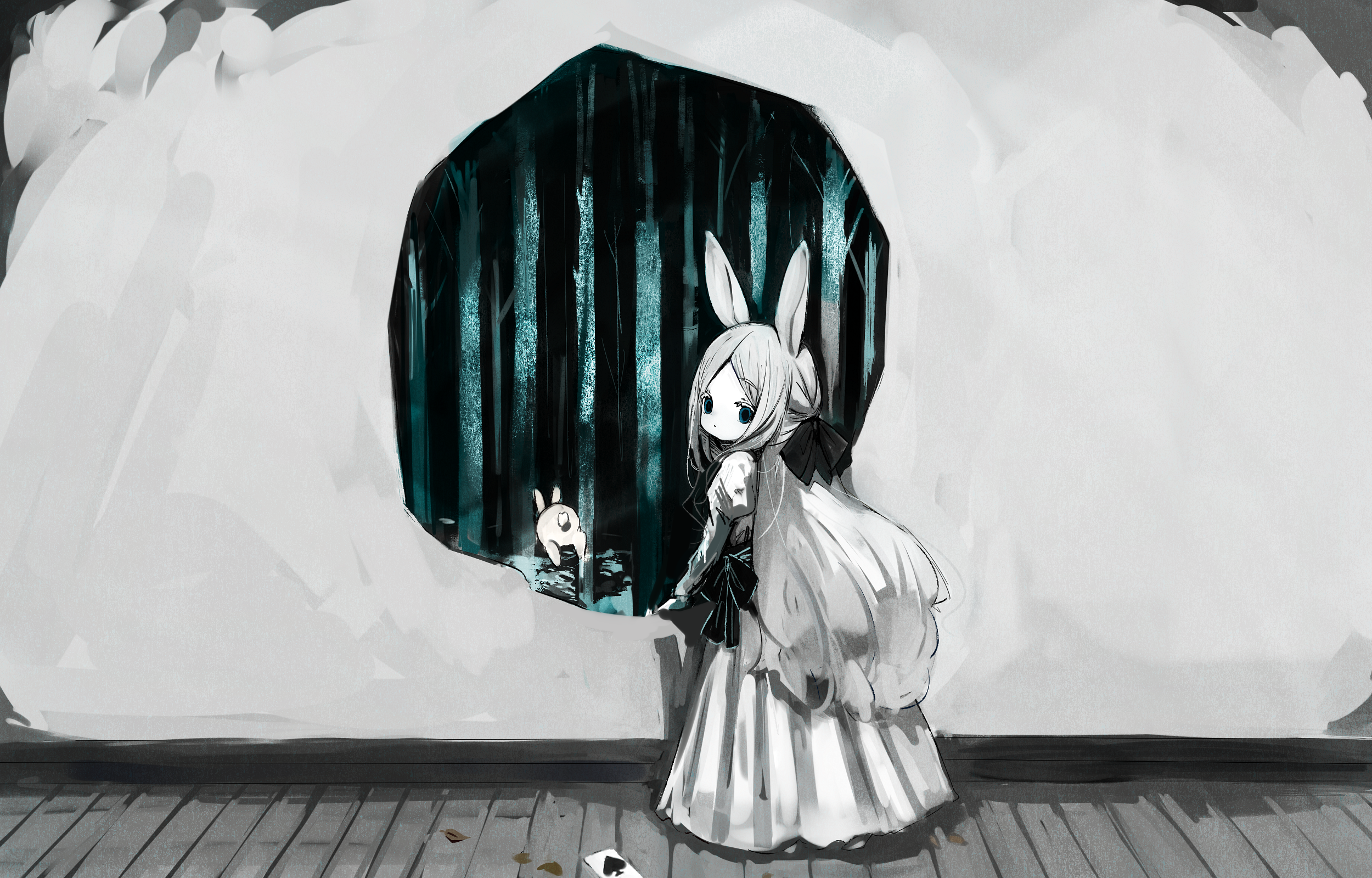 Girl with bunny ears in a dark forest HD Wallpaper