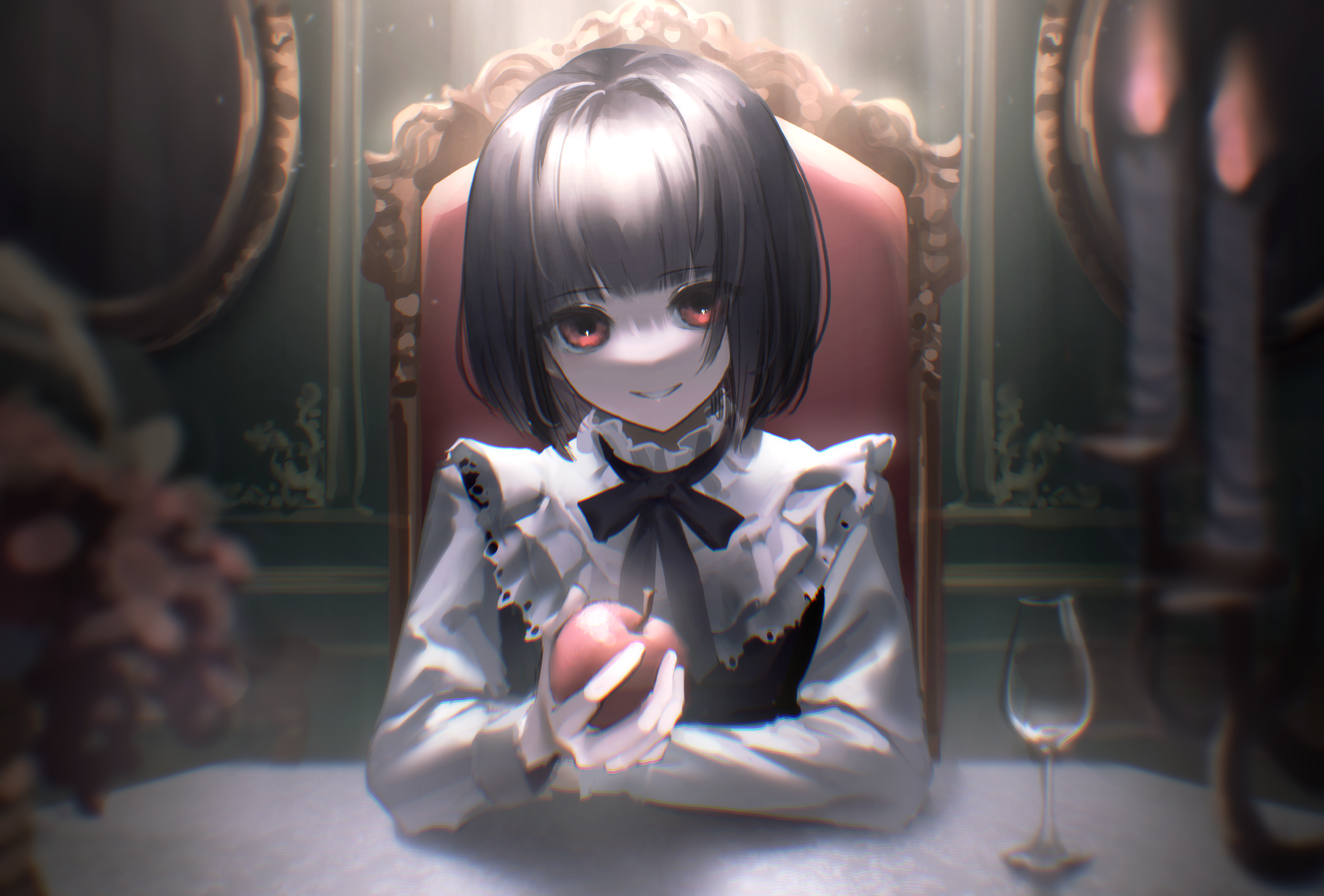 Girl with red eyes holding an apple HD Wallpaper