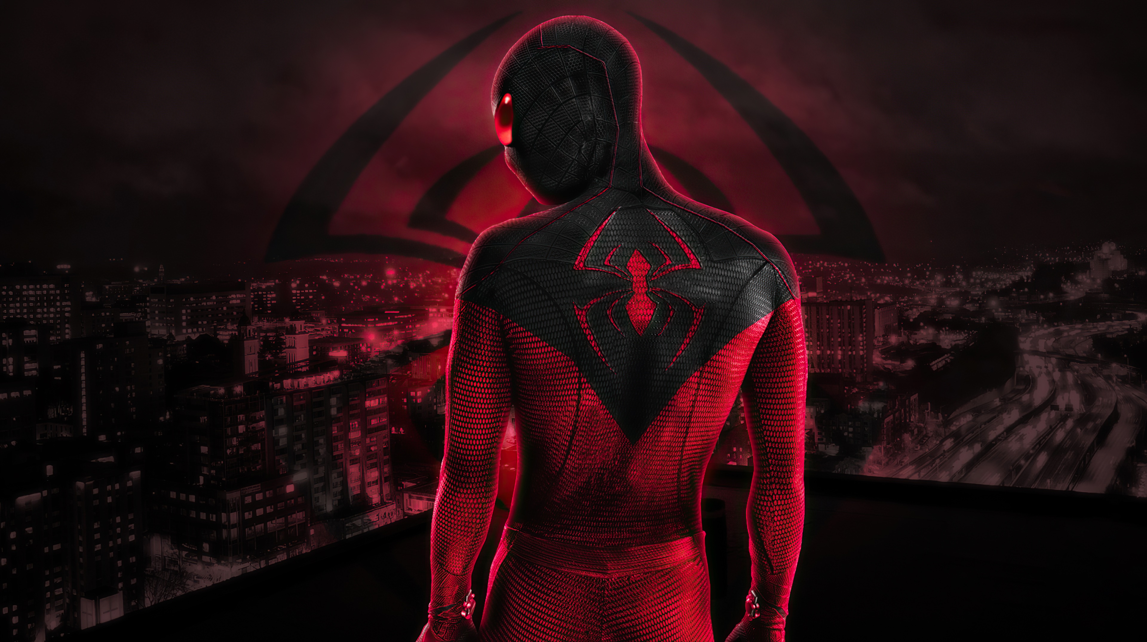Spider-Man artwork with red and black suit overlooking city HD Wallpaper