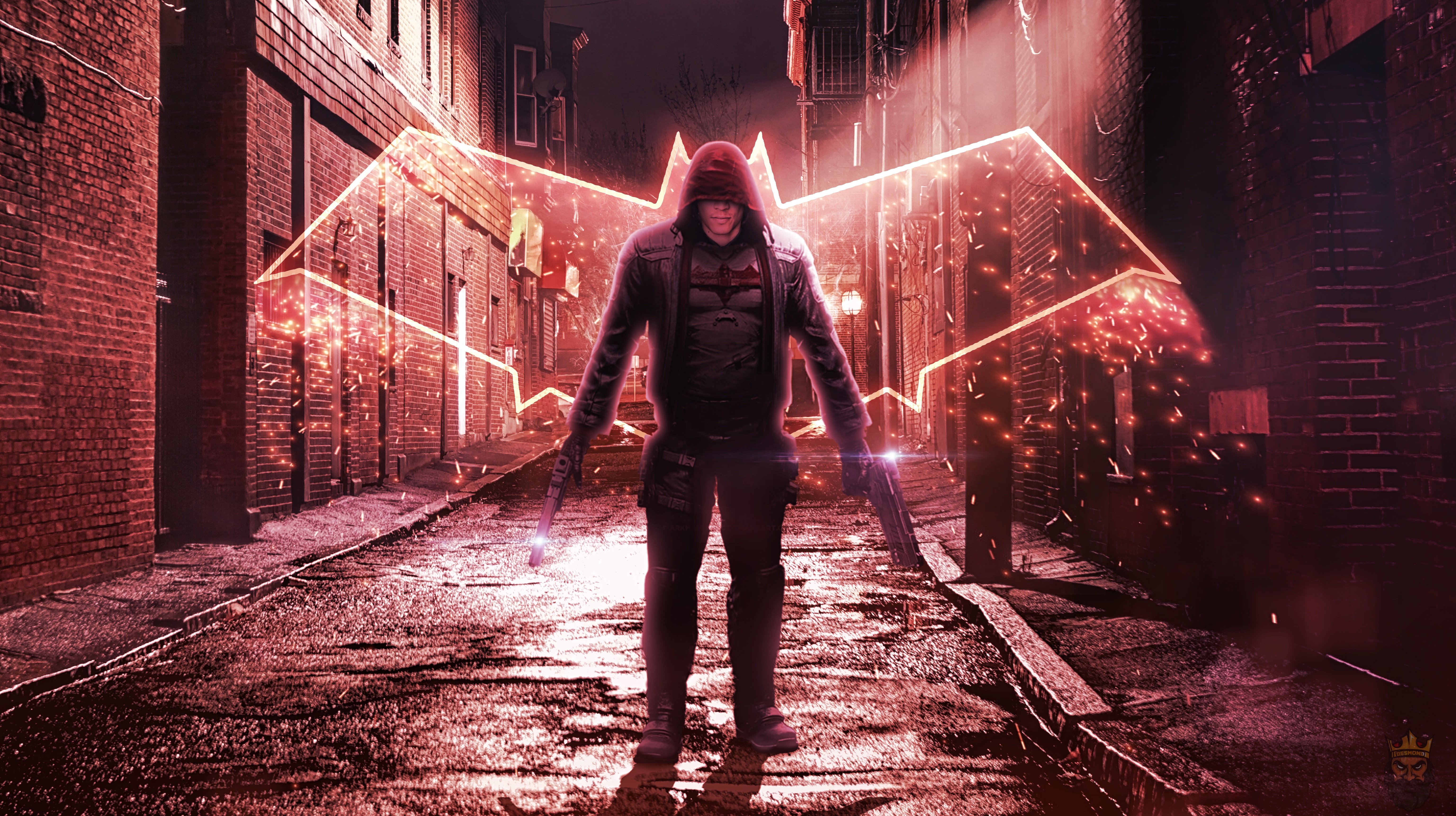 Red Hood with Bat Symbol in Alleyway HD Wallpaper