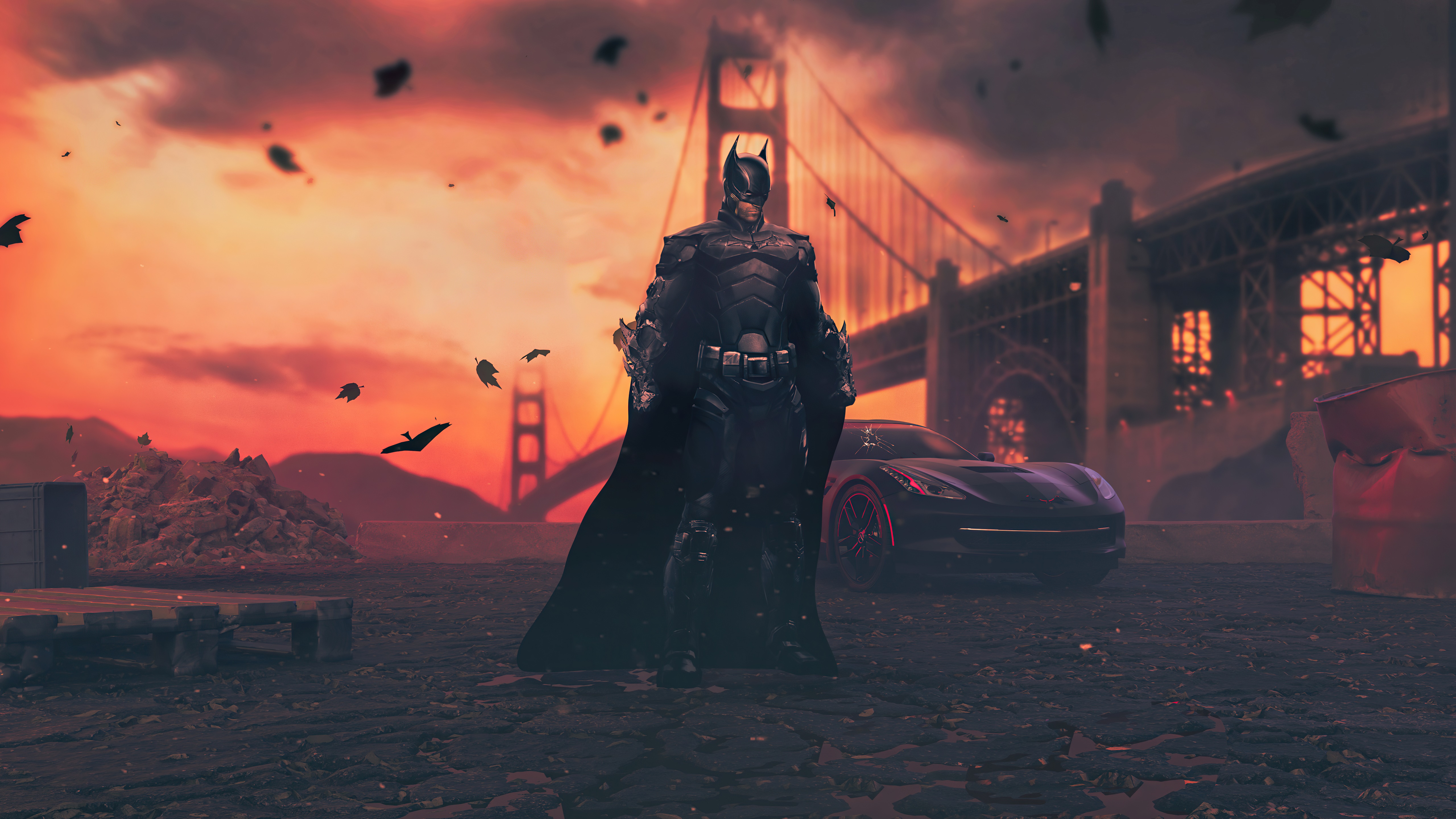 Batman in front of Golden Gate Bridge at sunset HD Wallpaper
