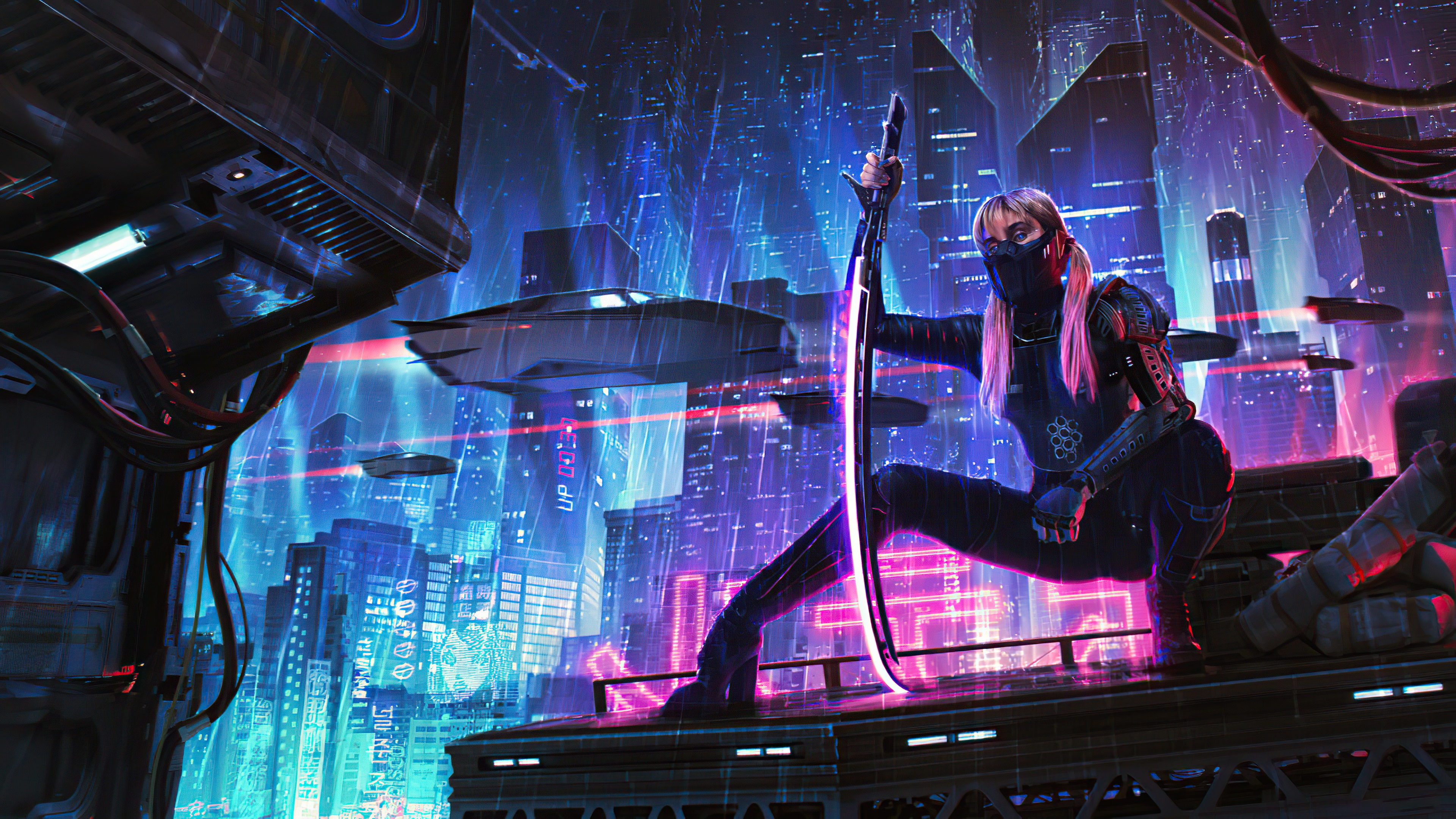 Cyberpunk warrior with sword in neon city HD Wallpaper