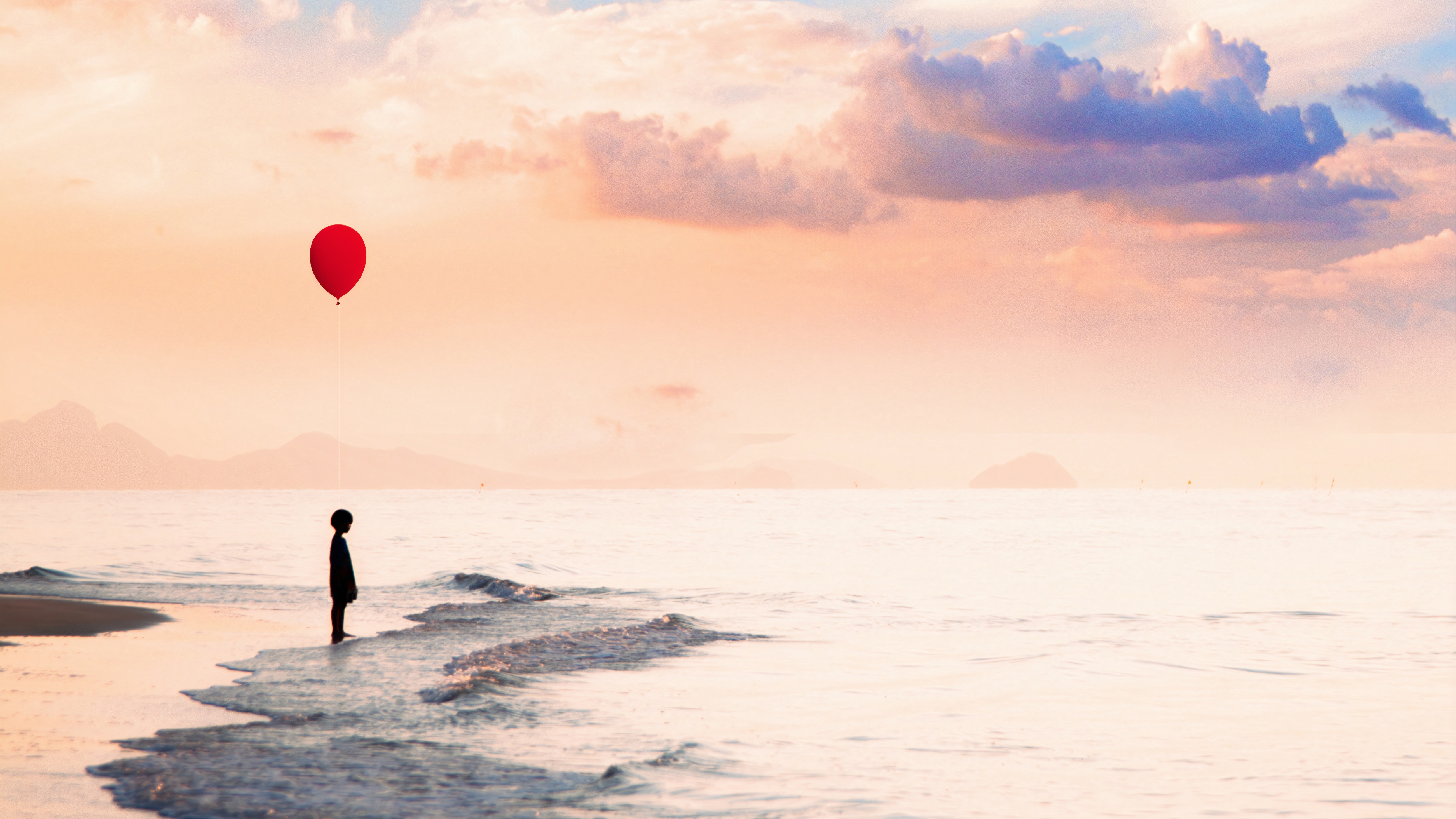 Child with red balloon on beach at sunset HD Wallpaper