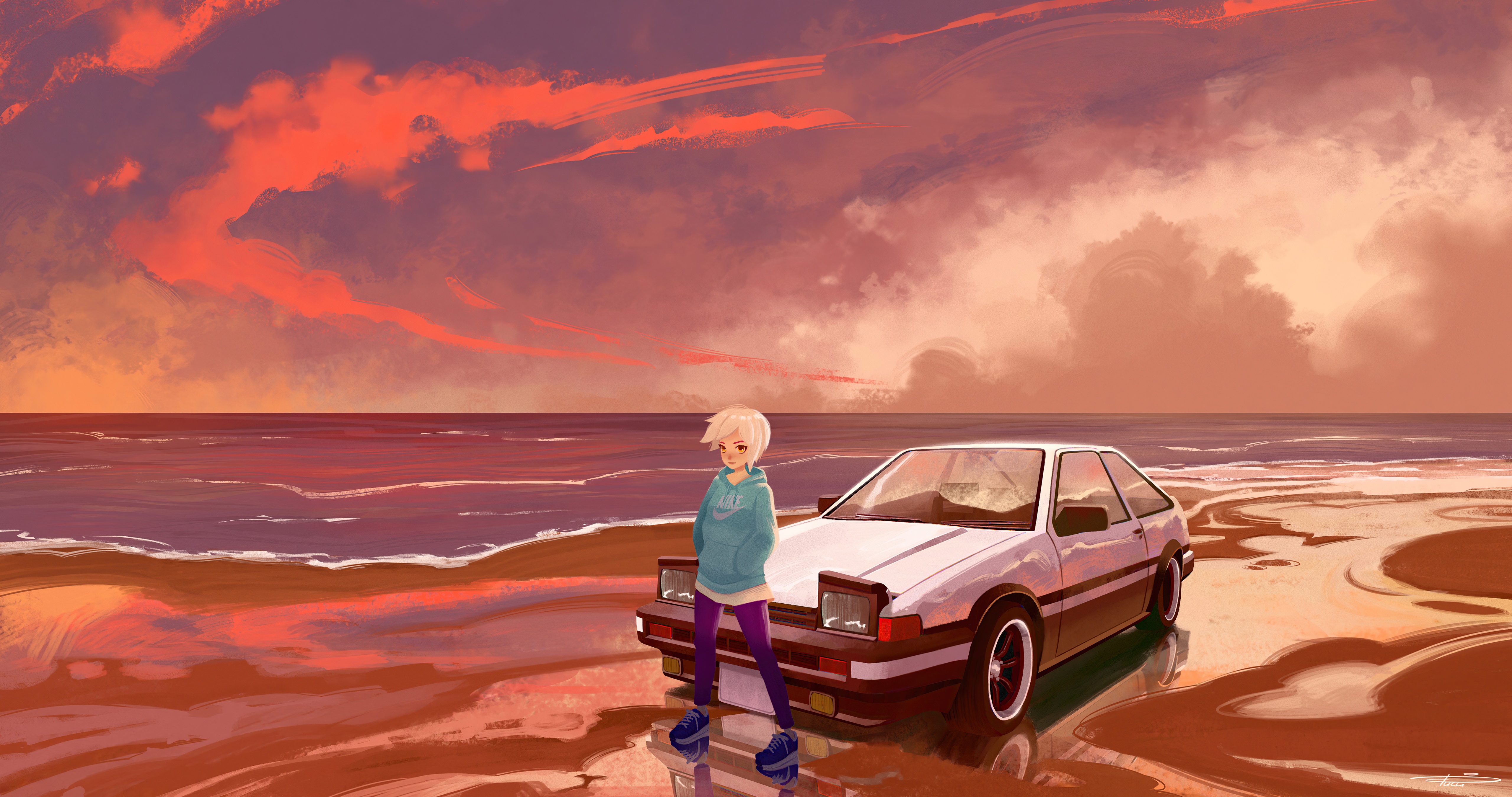 Anime girl with white hair and a white car on a beach at sunset HD Wallpaper
