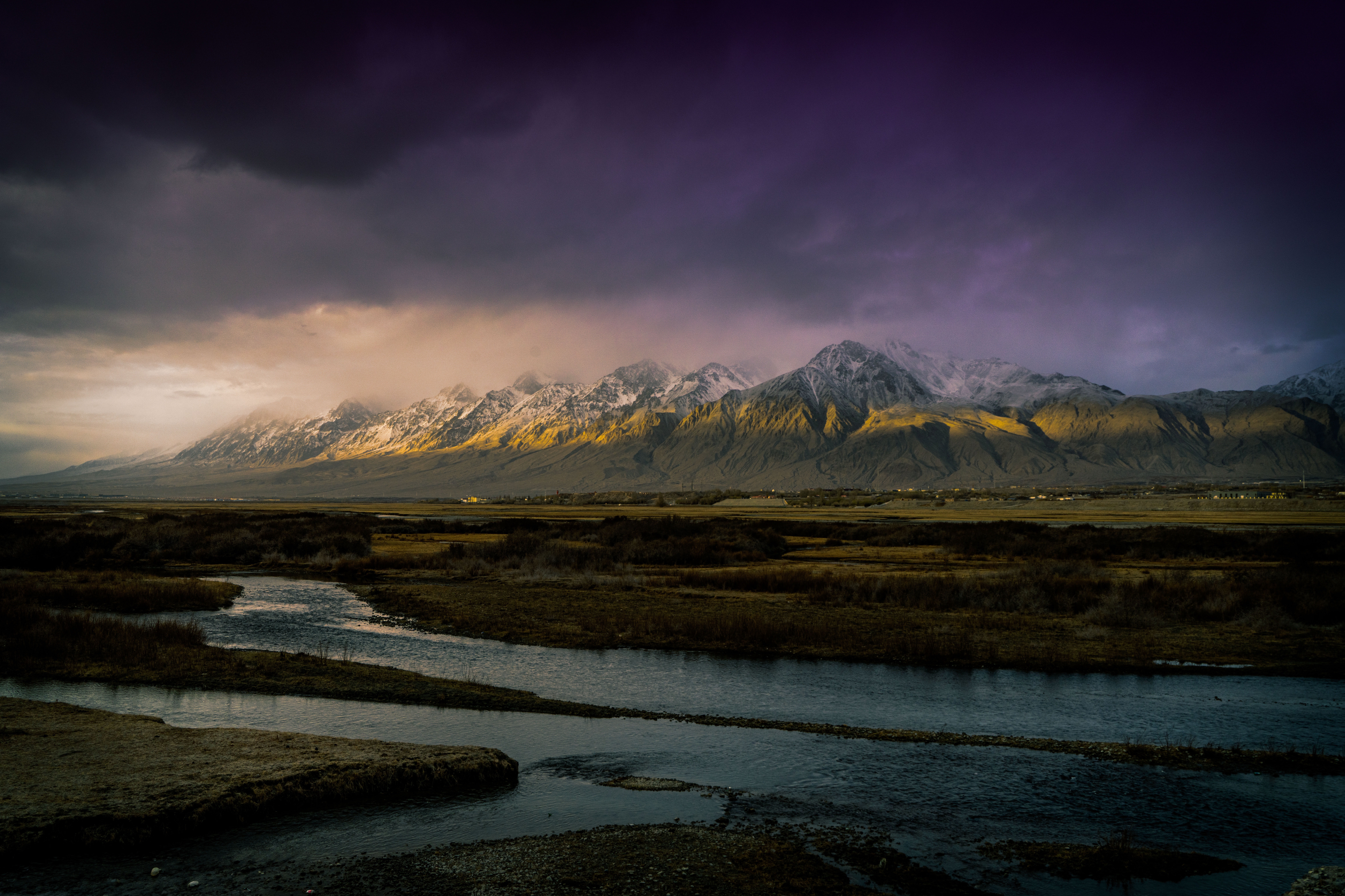 Mountains with snow and river at sunrise HD Wallpaper