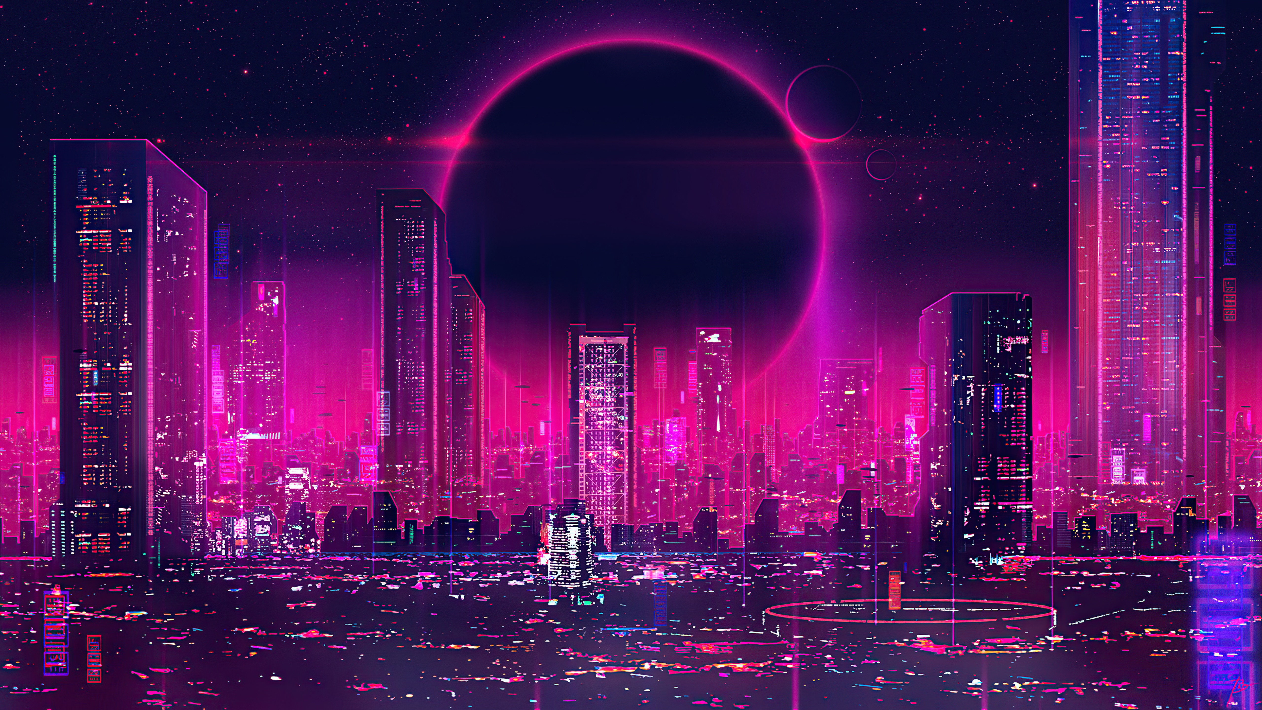 Cyberpunk city with neon lights and eclipse HD Wallpaper