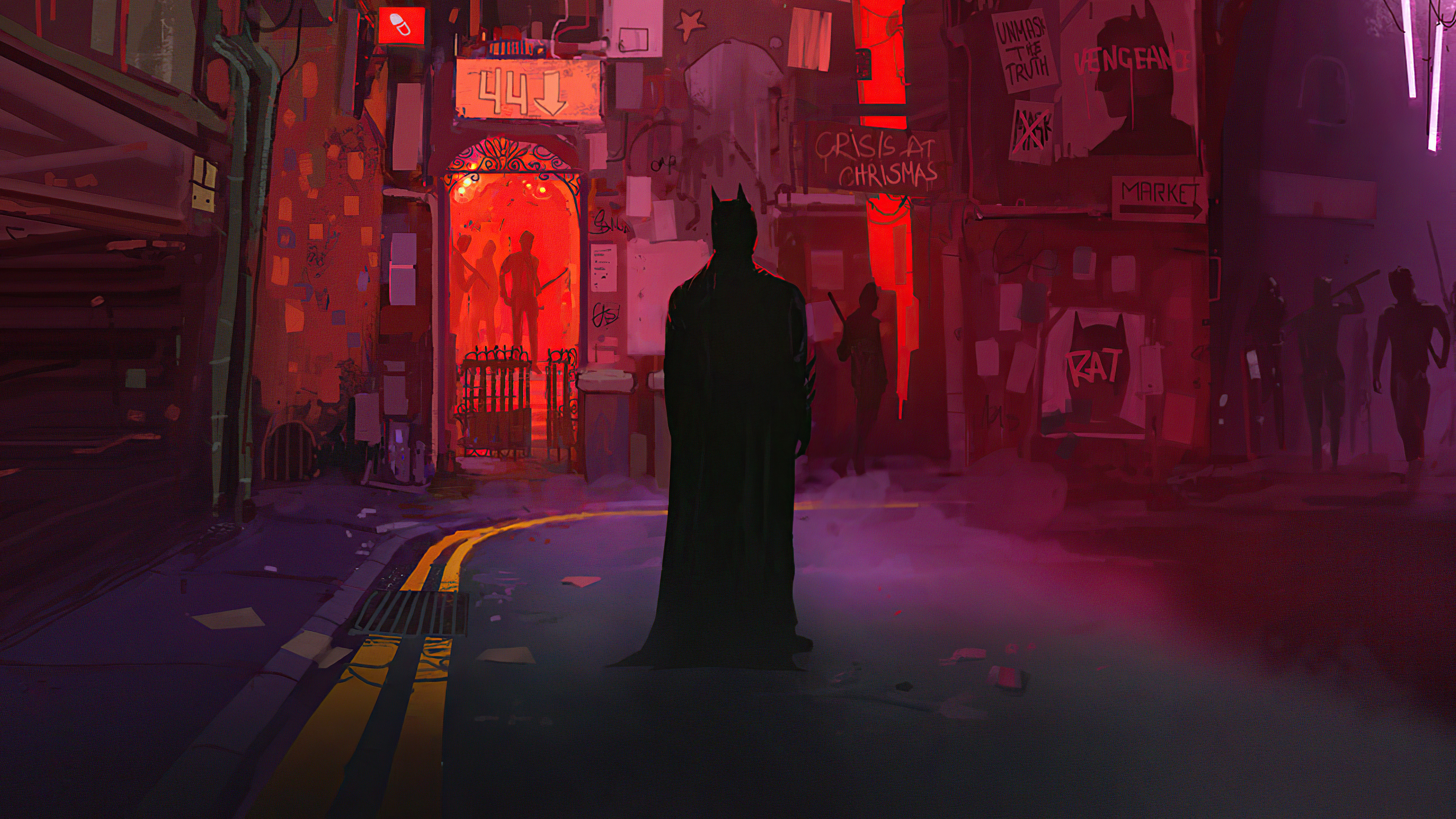 Batman in a dark alley with neon lights HD Wallpaper