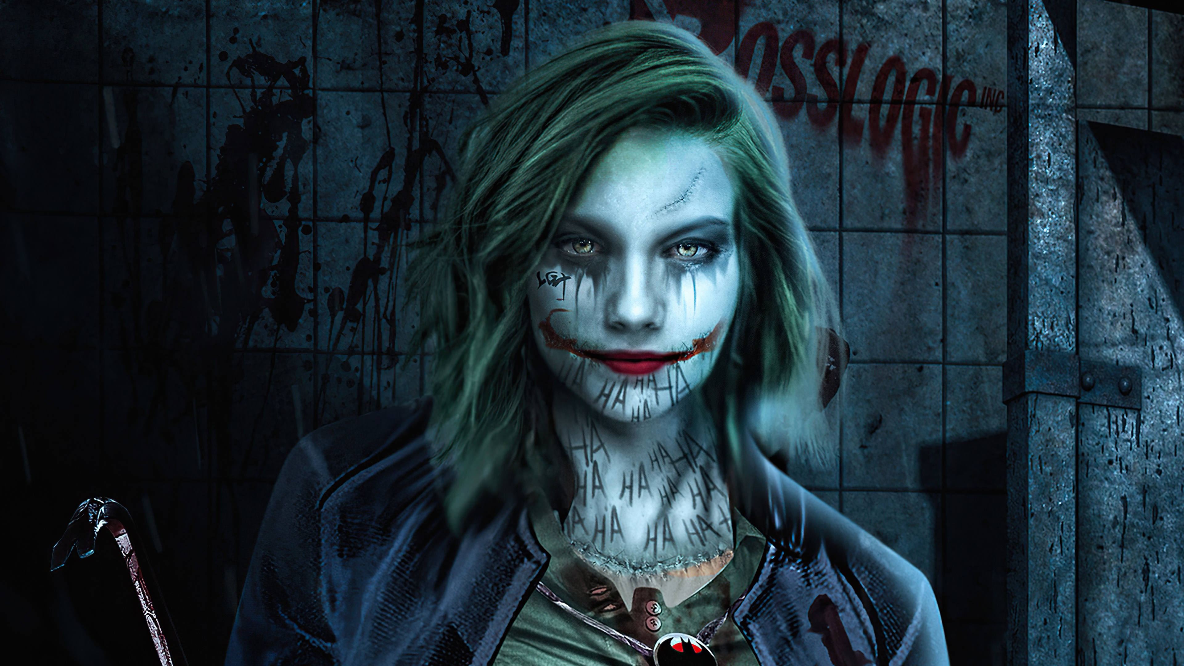 Joker artwork with "ROSSLOGIC INC" graffiti HD Wallpaper