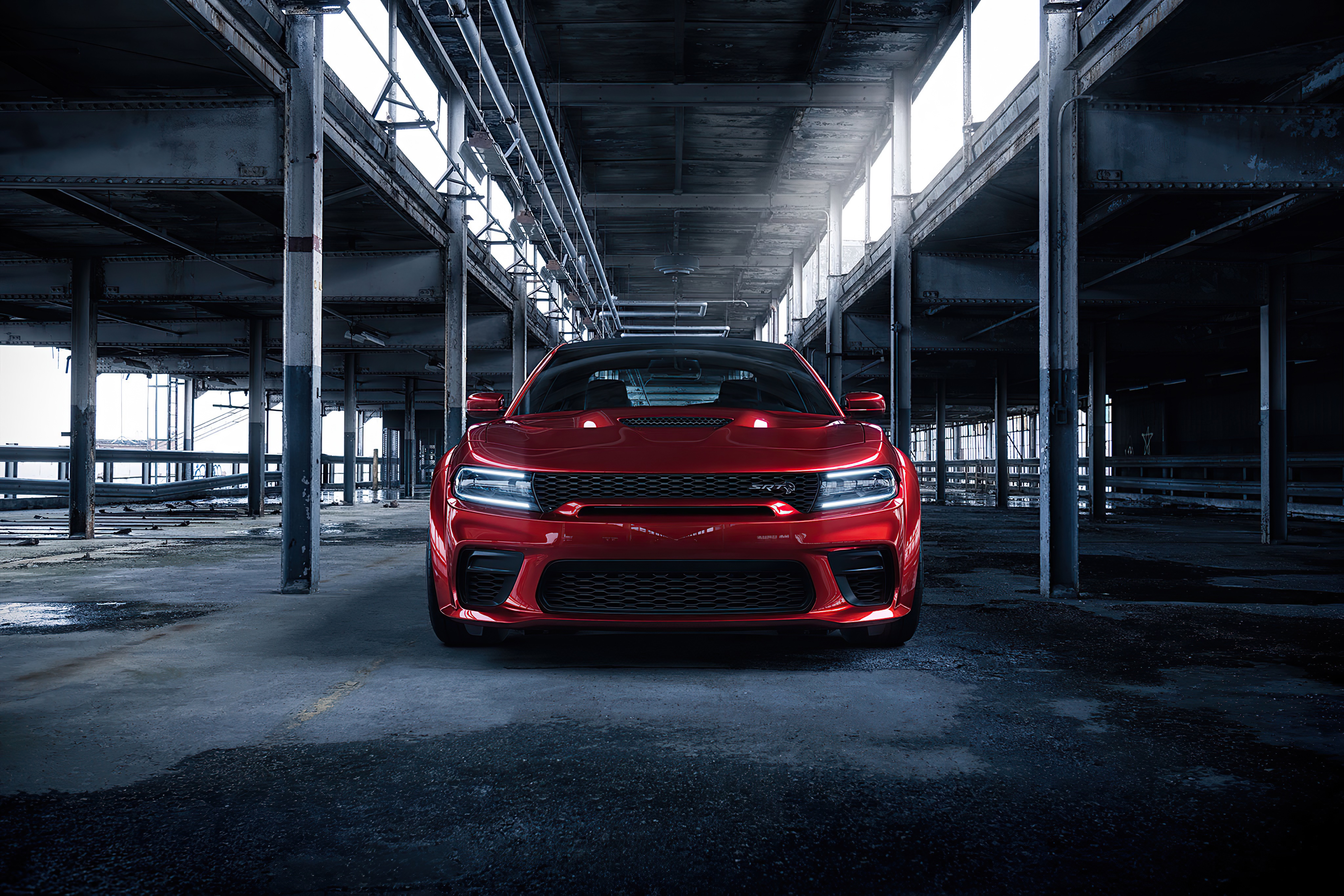 Red Dodge Challenger SRT Hellcat Widebody in industrial building HD Wallpaper
