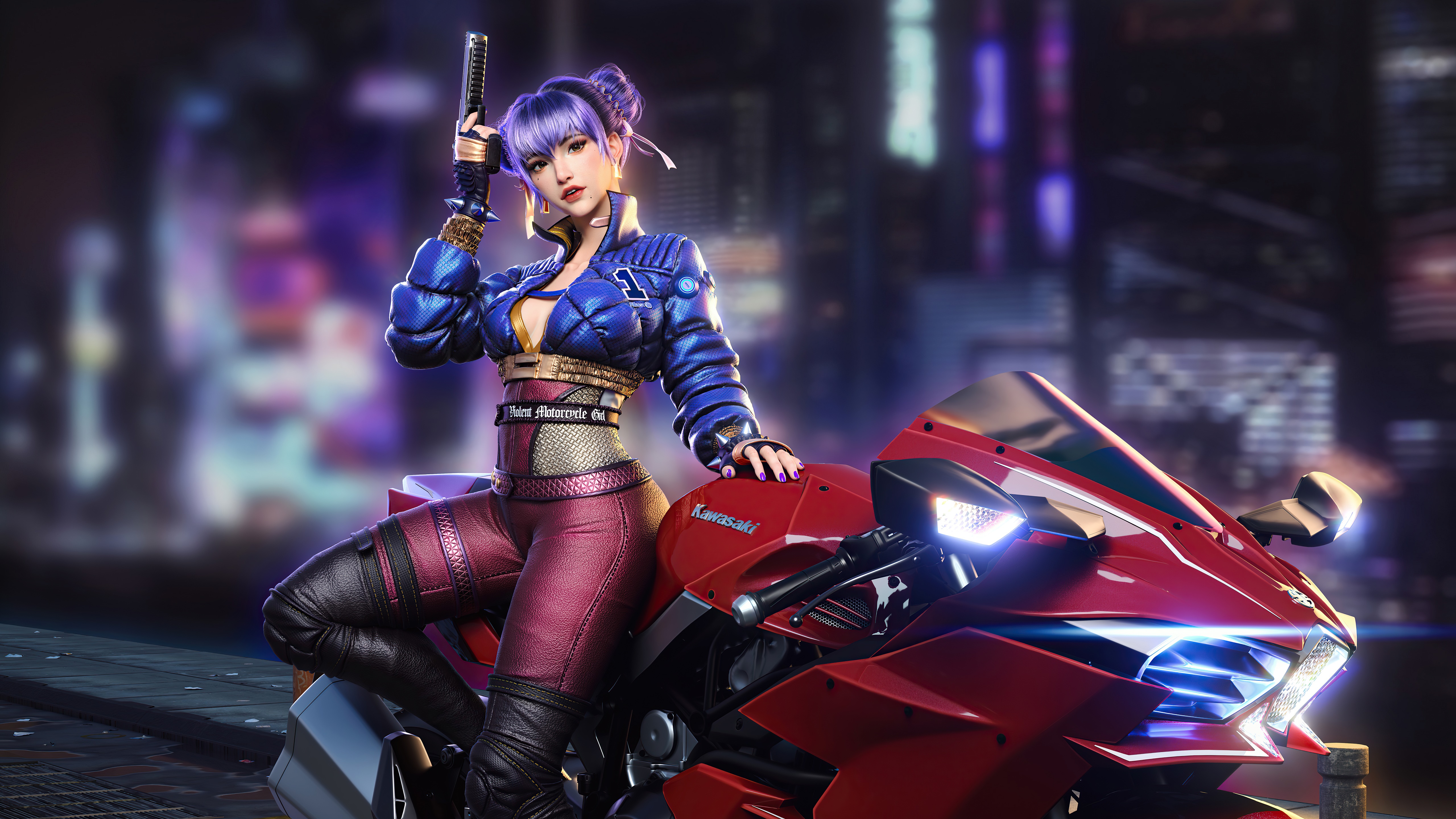 Cyberpunk woman with purple hair on a red motorcycle HD Wallpaper