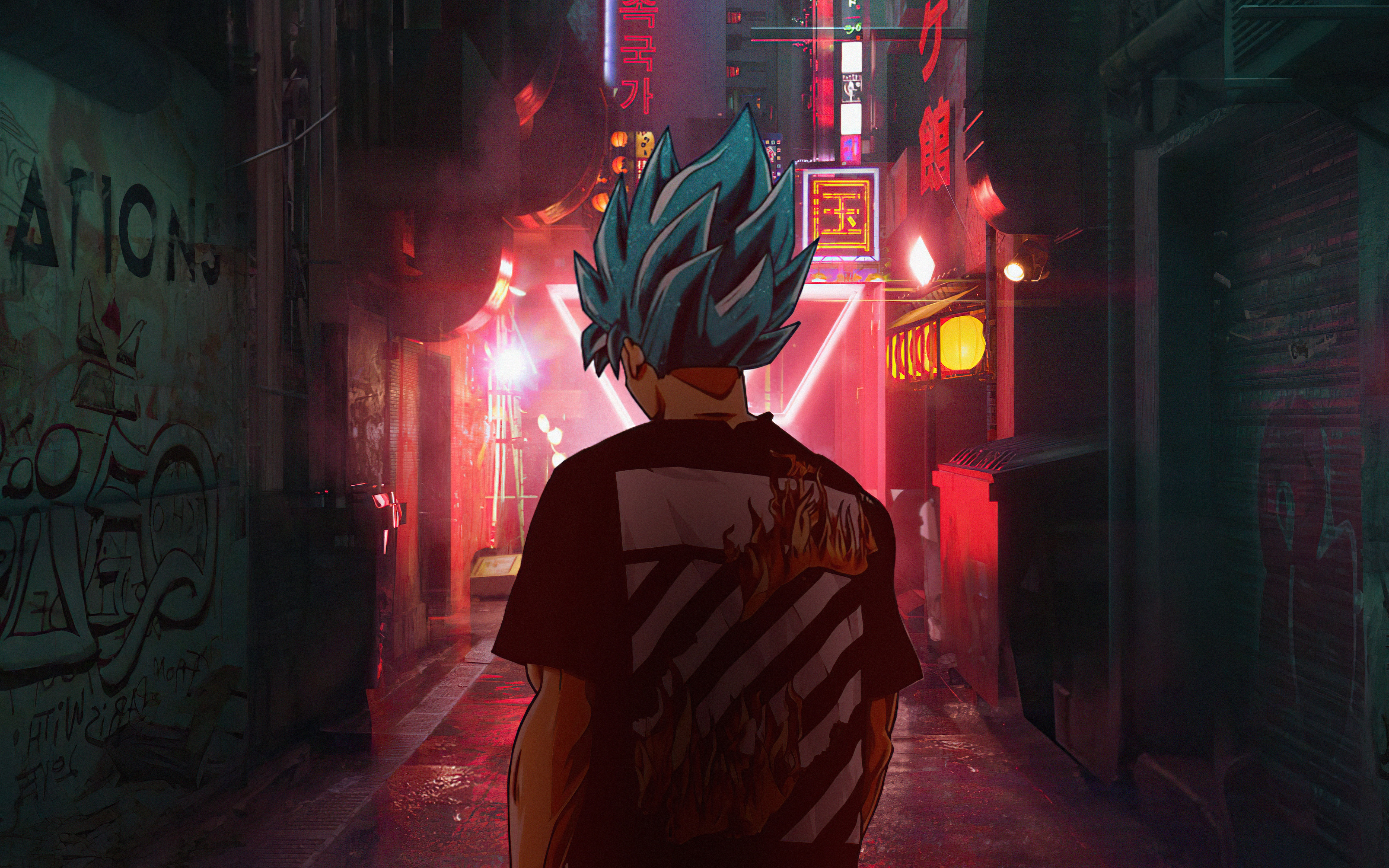 Goku from Dragon Ball in a neon-lit alley HD Wallpaper