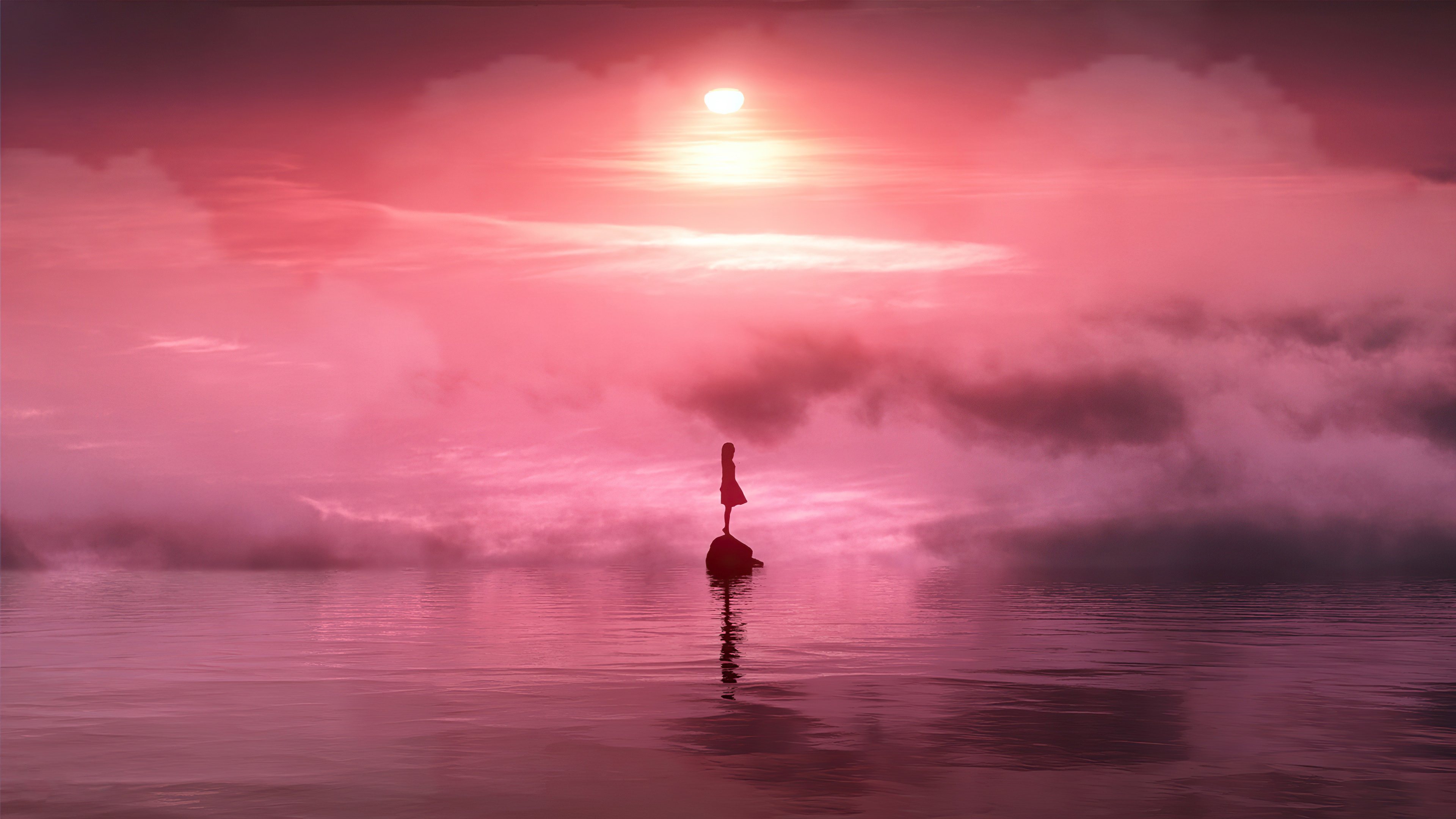 Girl standing on a rock in a pink foggy landscape HD Wallpaper