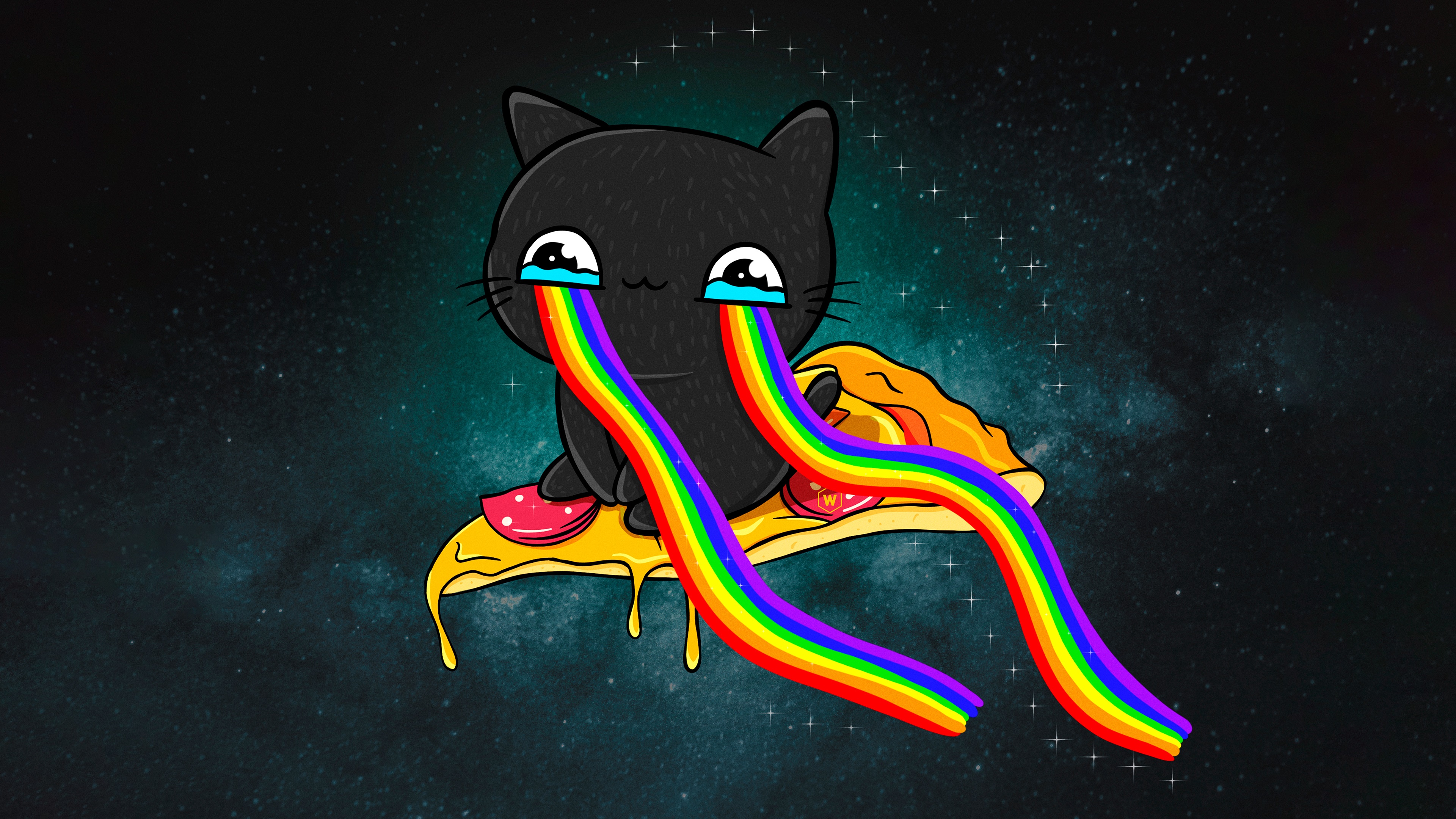 Black cat crying rainbows on pizza in space HD Wallpaper