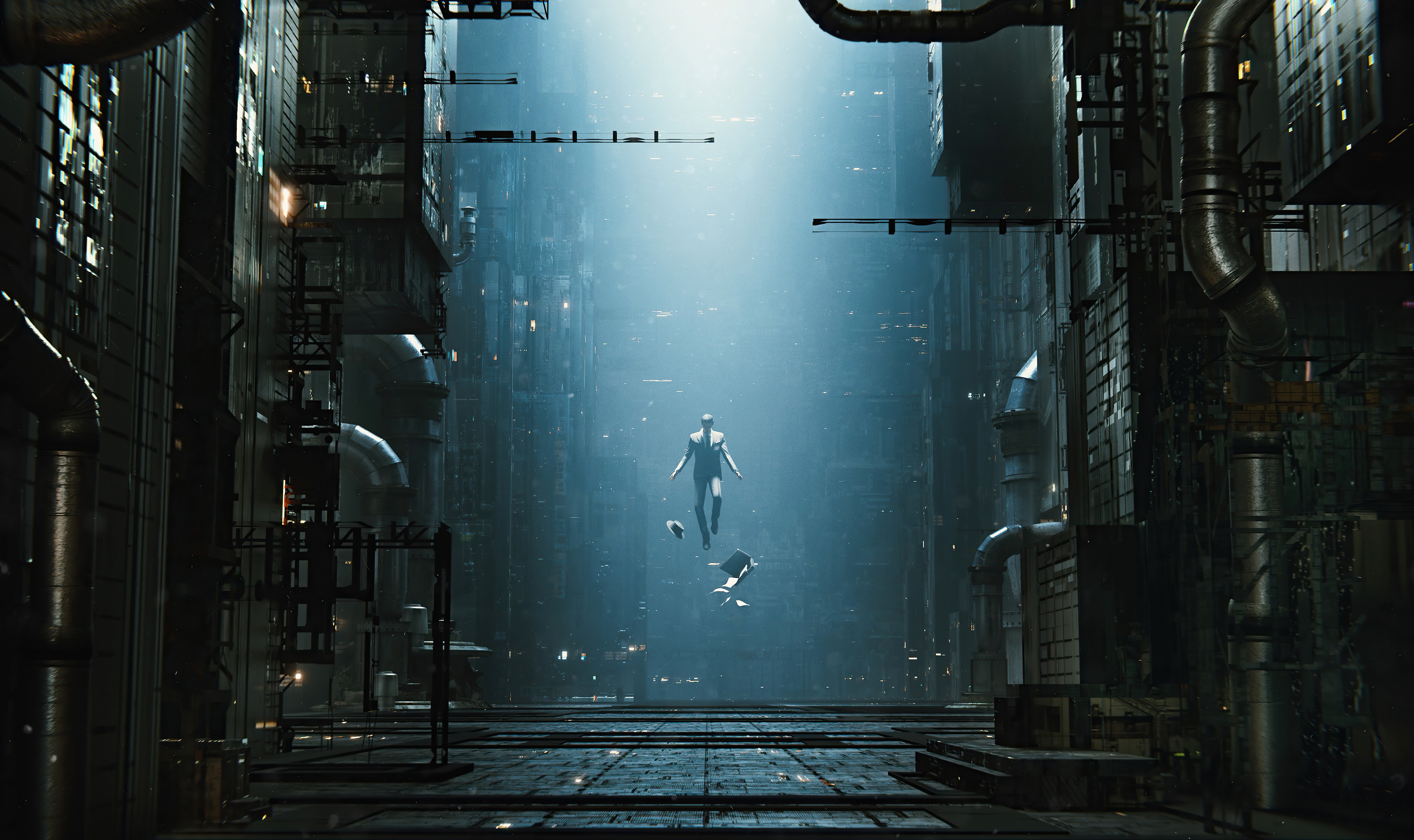 Man floating in a futuristic city HD Wallpaper