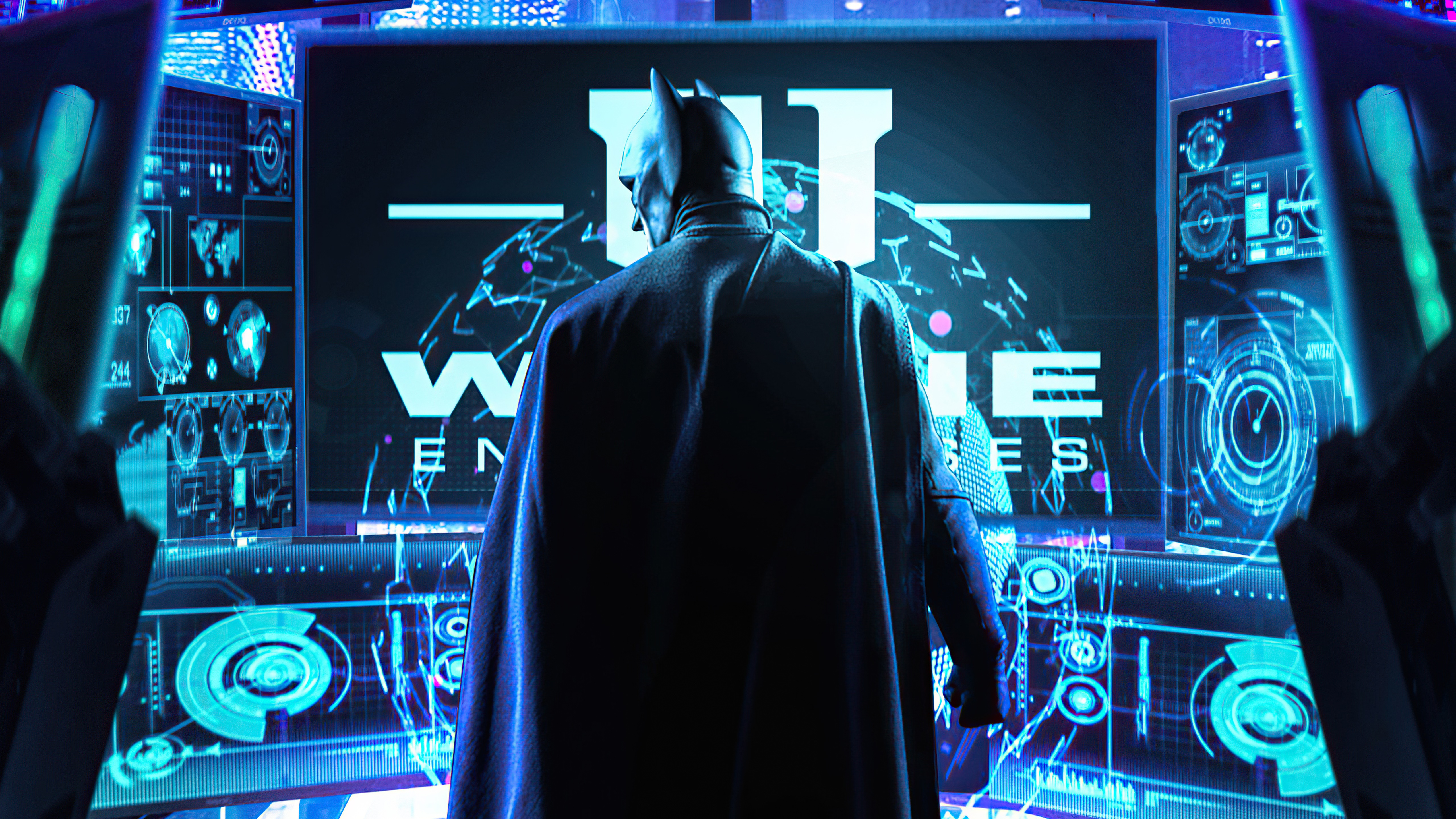 Batman in front of Wayne Enterprises screens HD Wallpaper