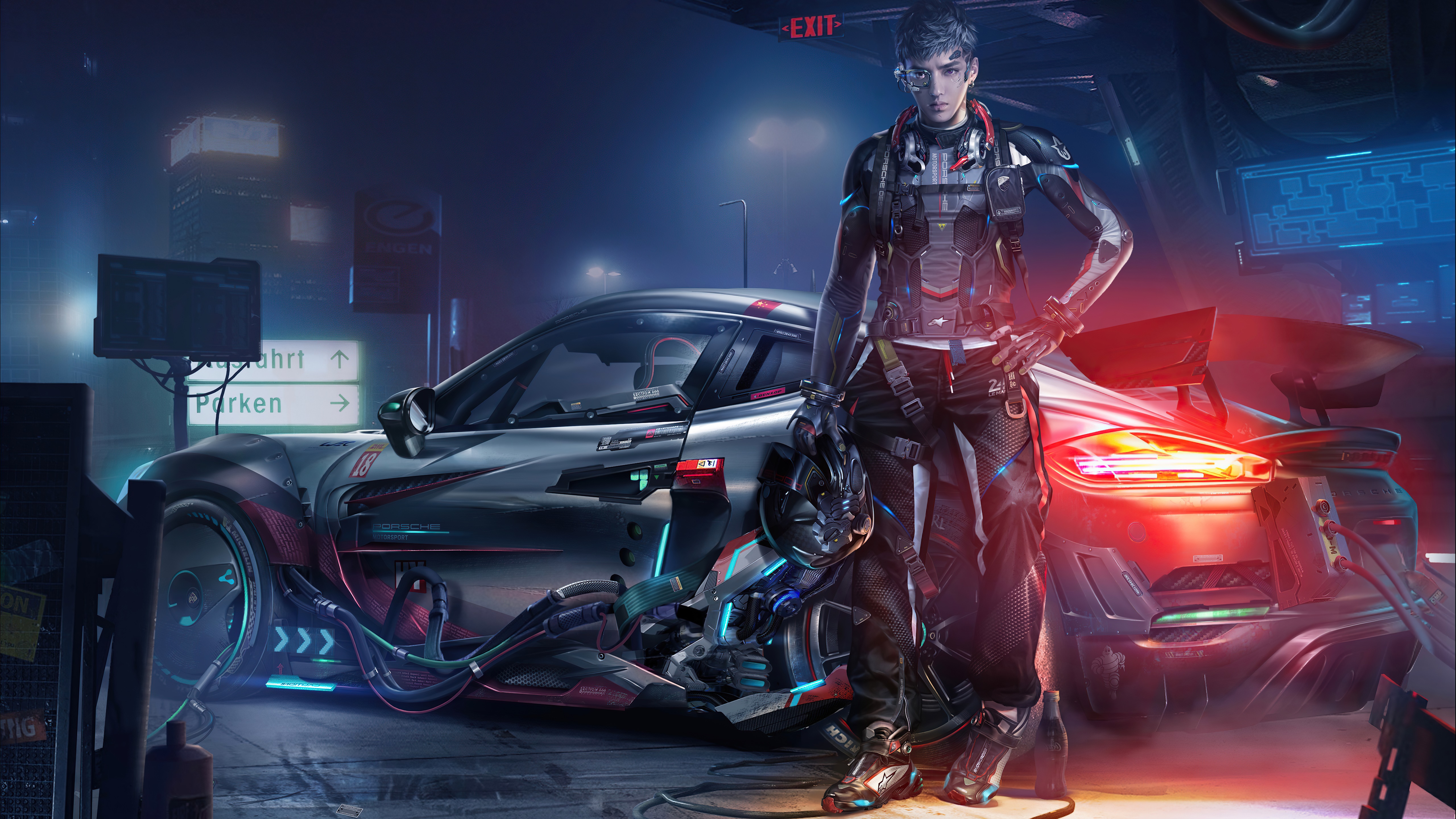 Cyberpunk man with futuristic car HD Wallpaper