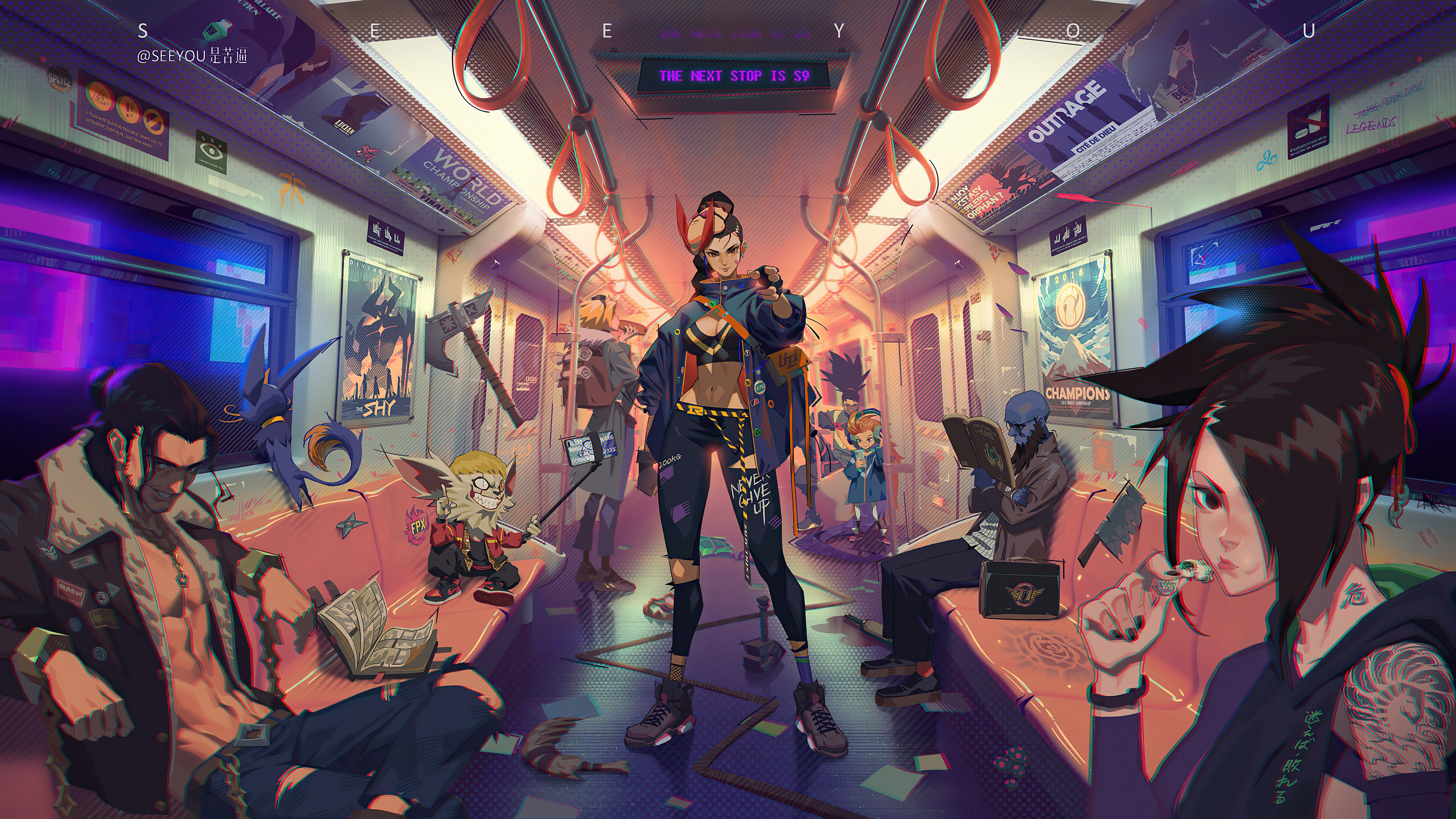 Characters from League of Legends on a subway train HD Wallpaper
