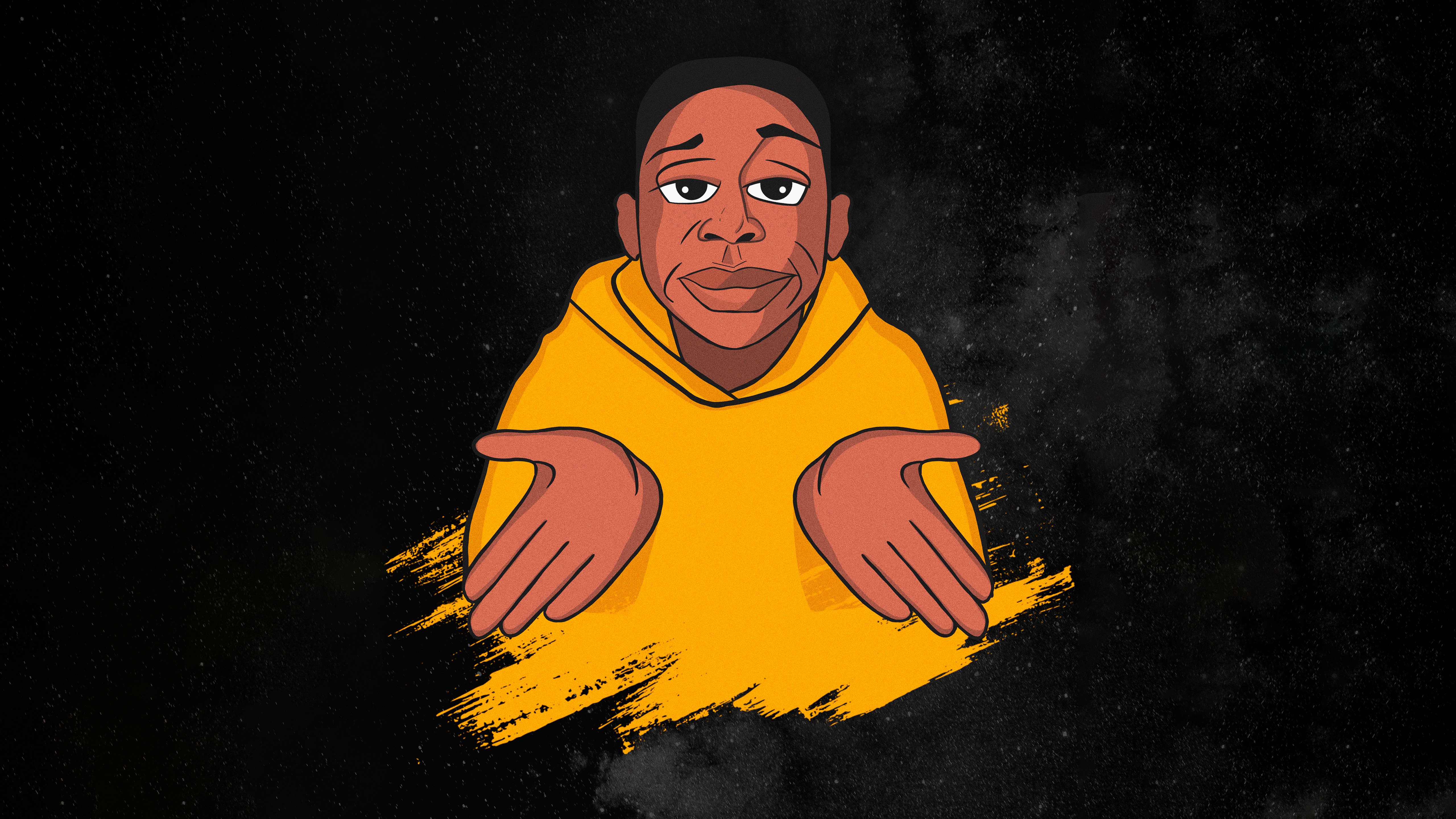 Cartoon man in yellow hoodie shrugging HD Wallpaper