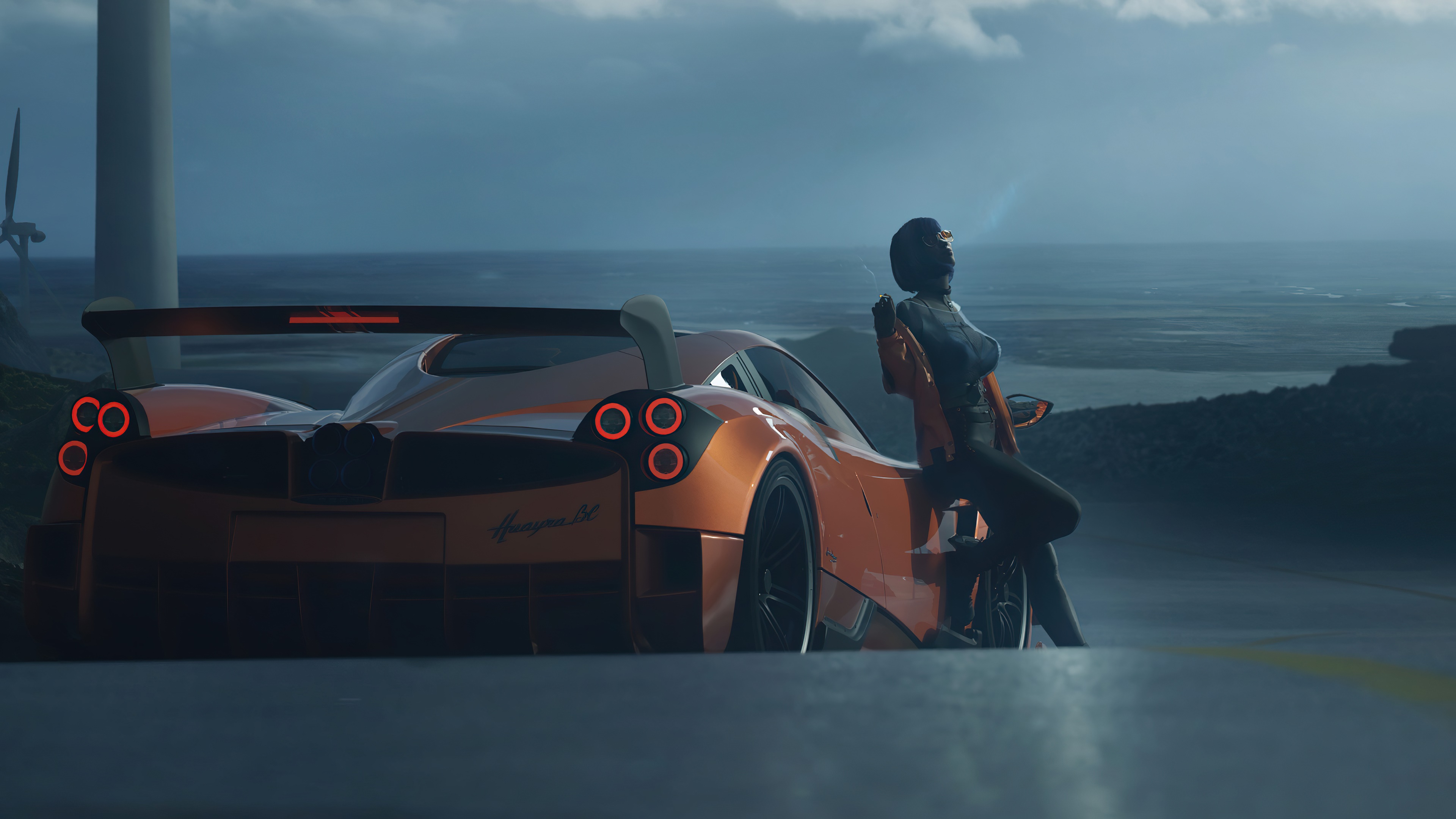 Digital art of a person in racing gear with a car HD Wallpaper