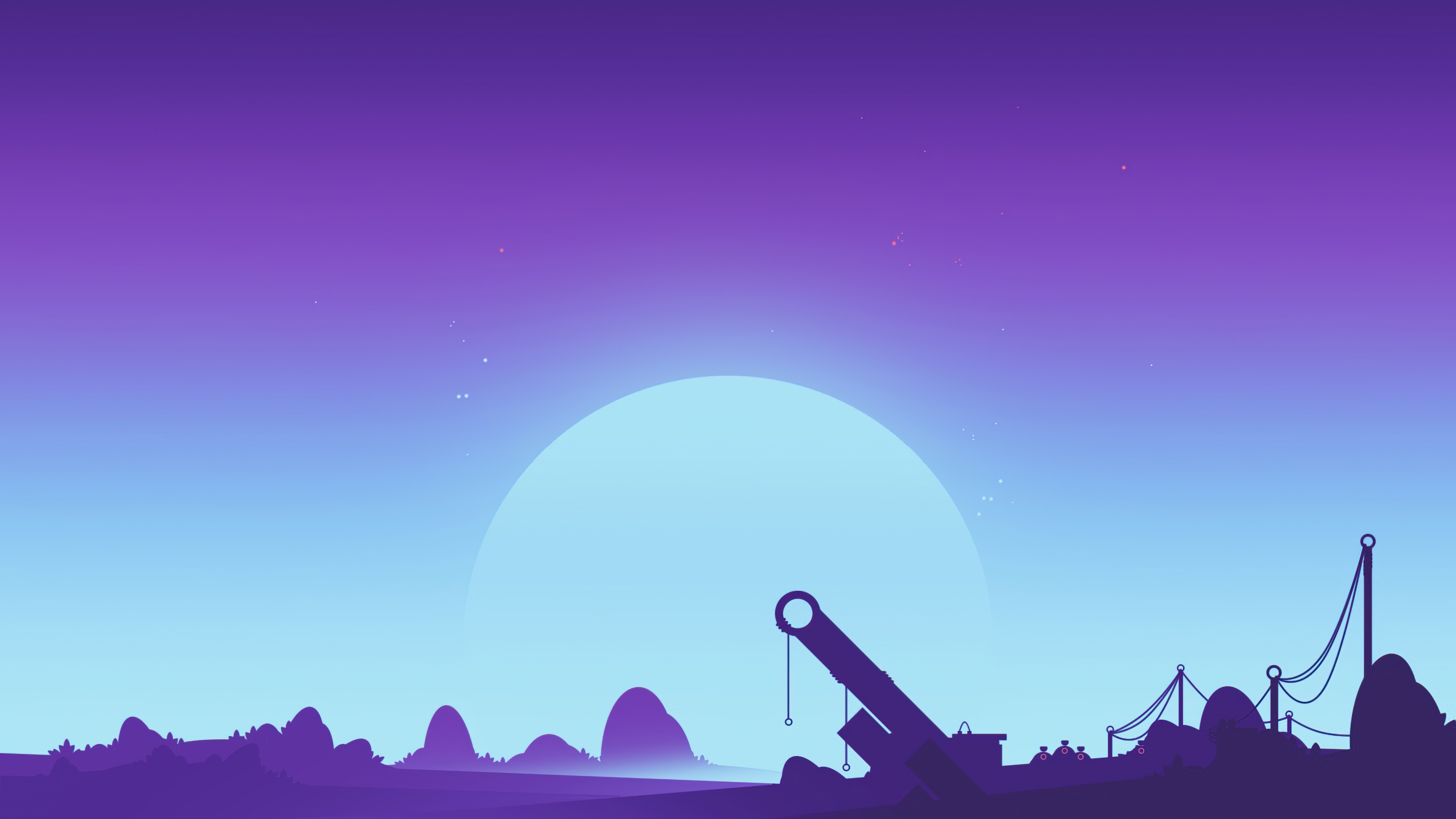 Synthwave landscape with a large sun and silhouette objects HD Wallpaper