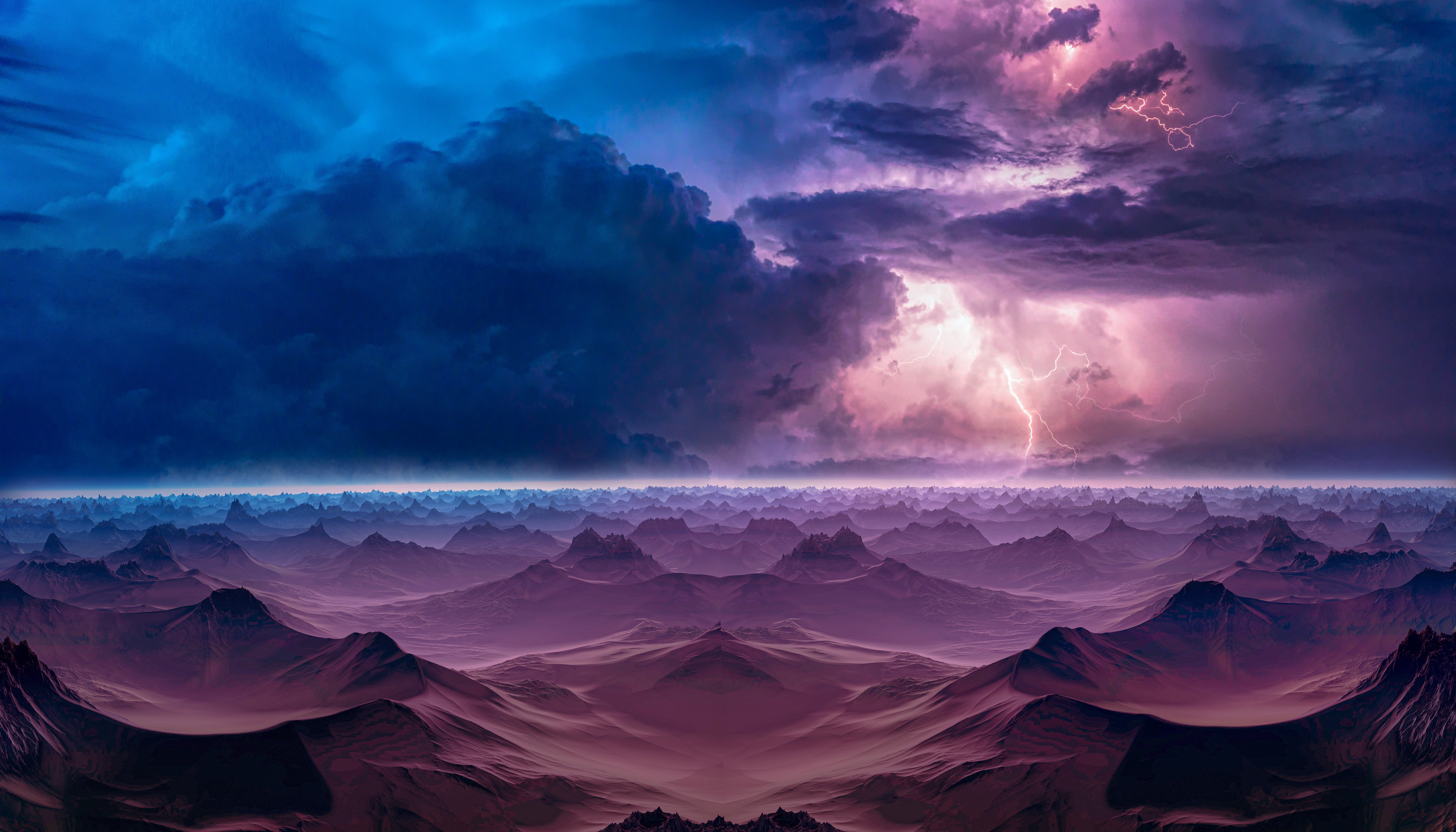 Lightning over purple mountains 4K HD Wallpaper