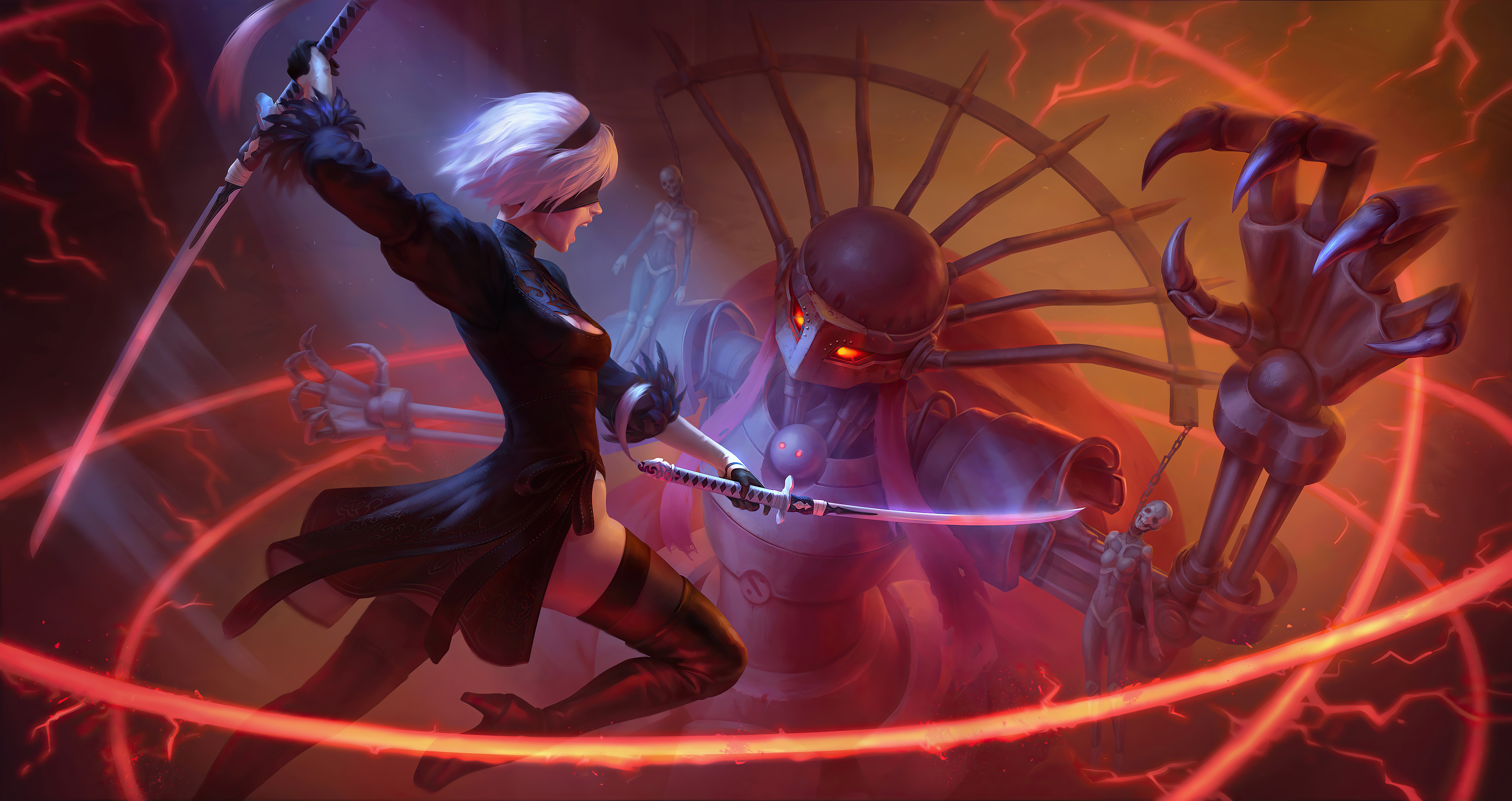 2B from Nier Automata fighting a large robot HD Wallpaper