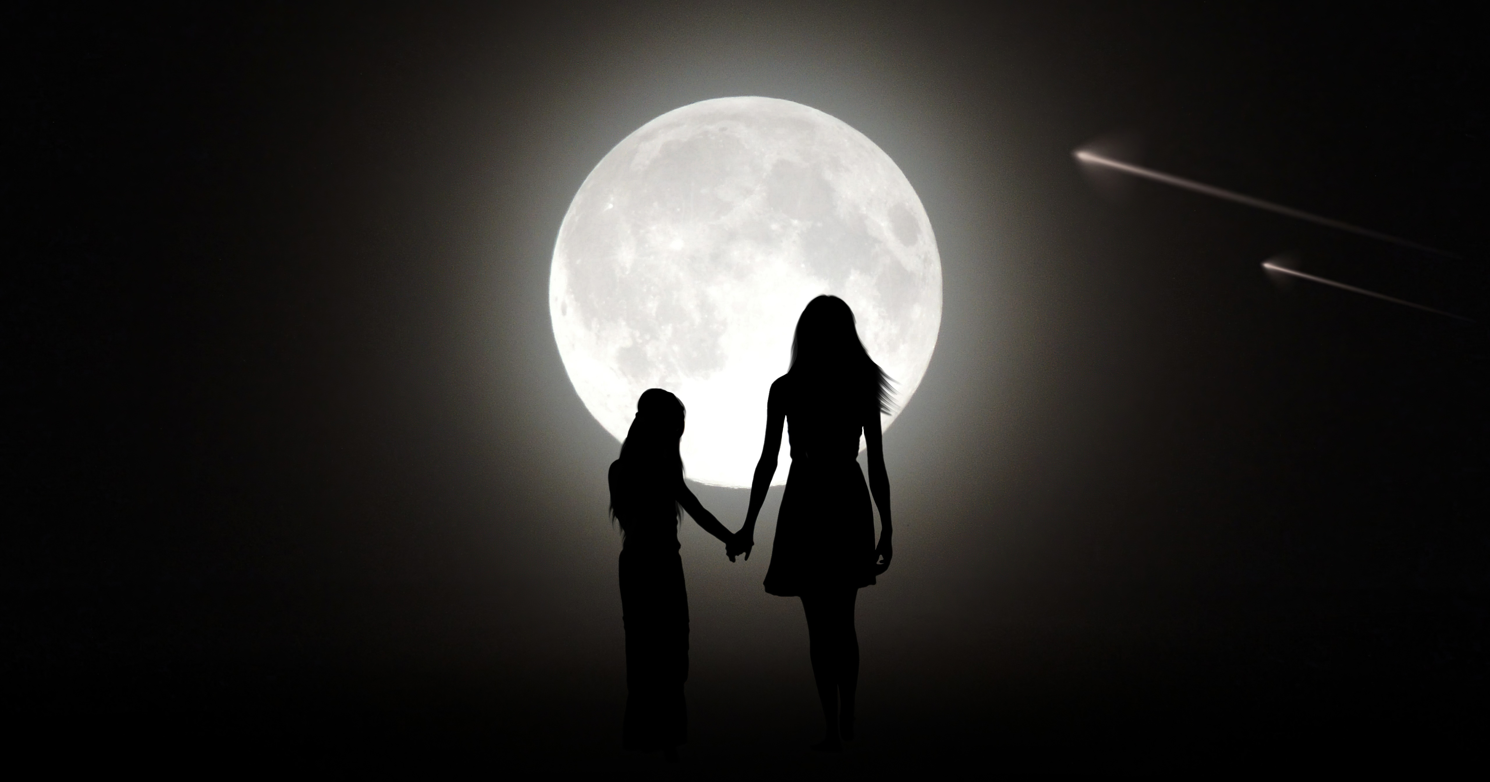 Mother and daughter holding hands under the moon HD Wallpaper
