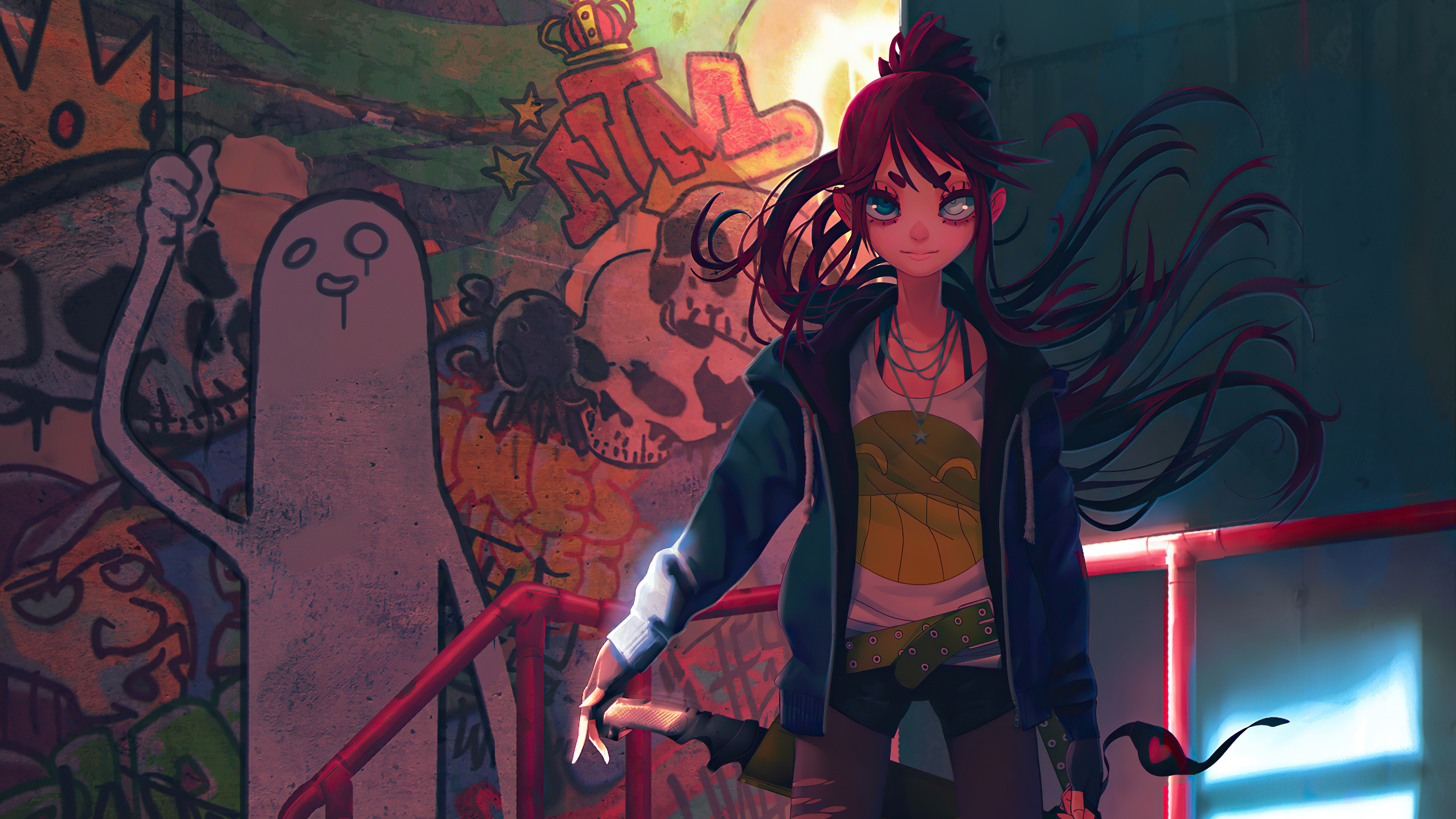 Anime girl with weapon in front of graffiti wall HD Wallpaper
