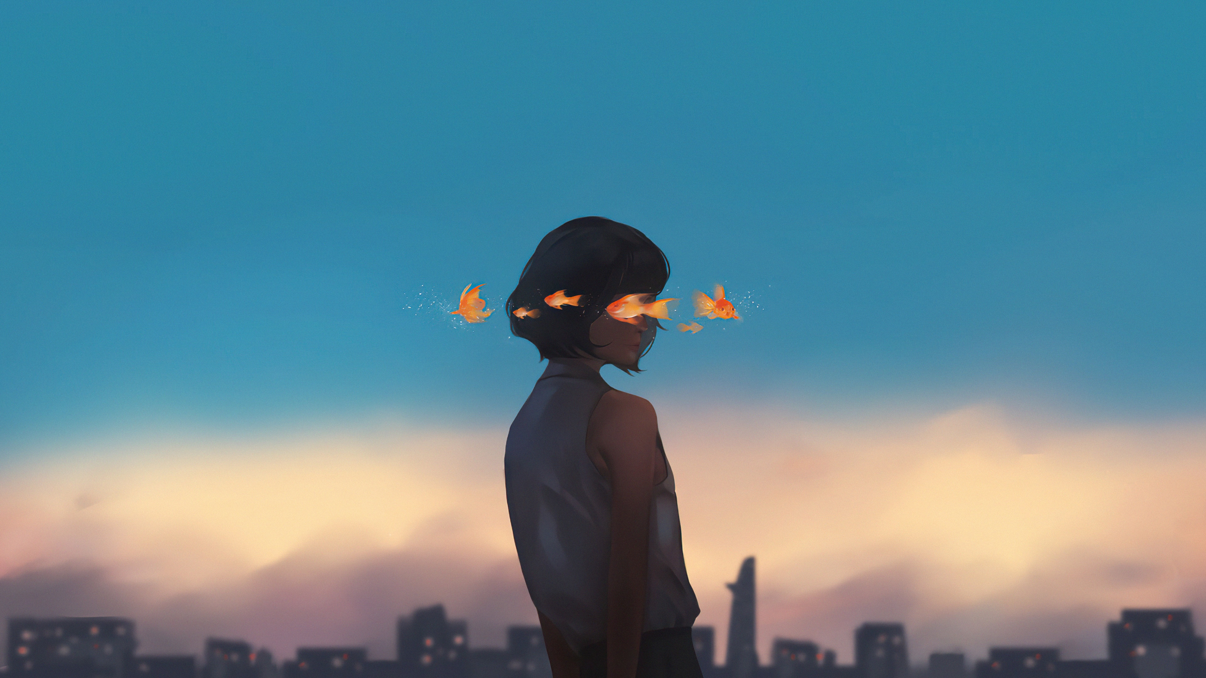 Girl with goldfish in her eyes against city skyline HD Wallpaper