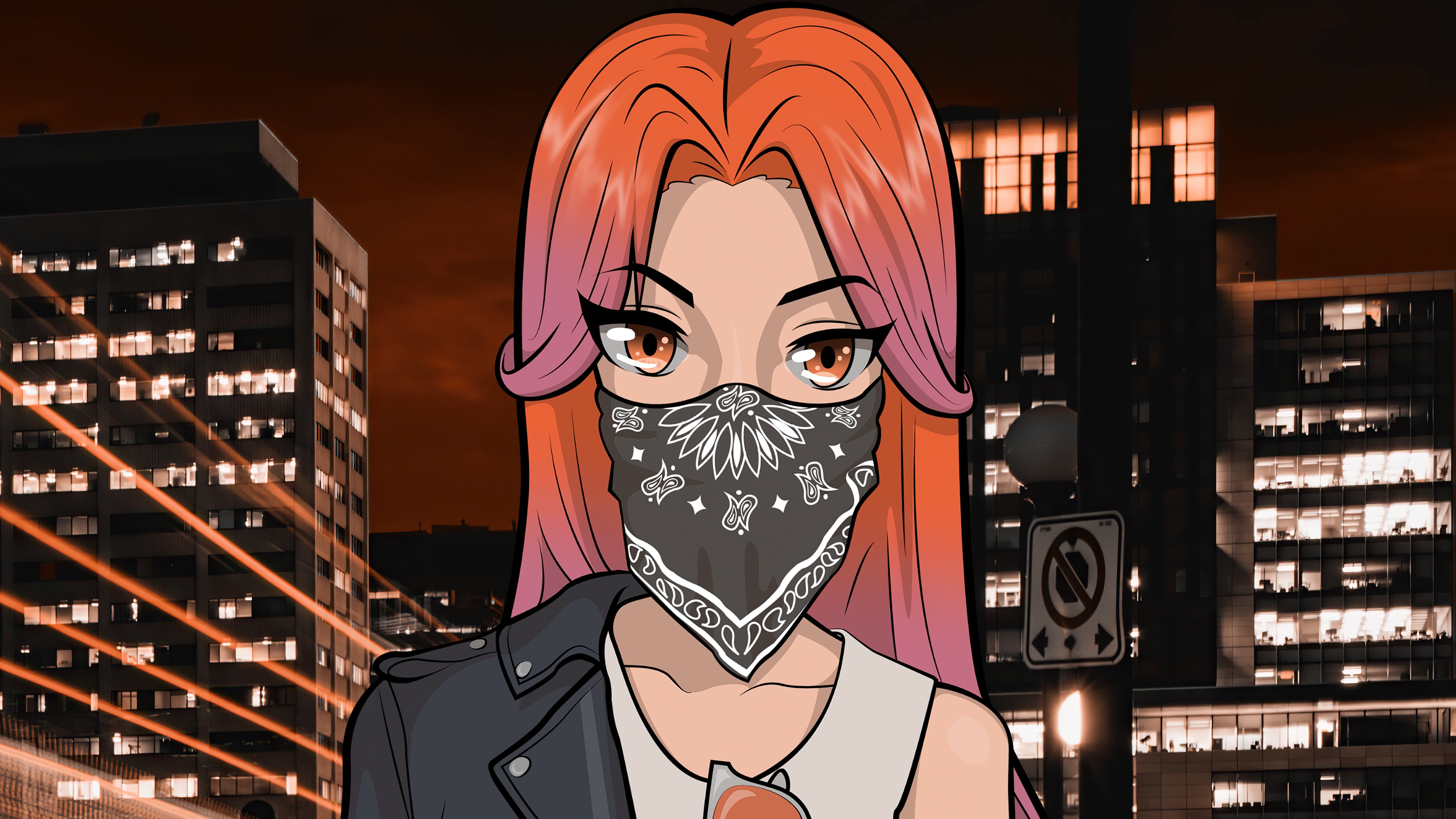 Anime girl with bandana in city at night HD Wallpaper