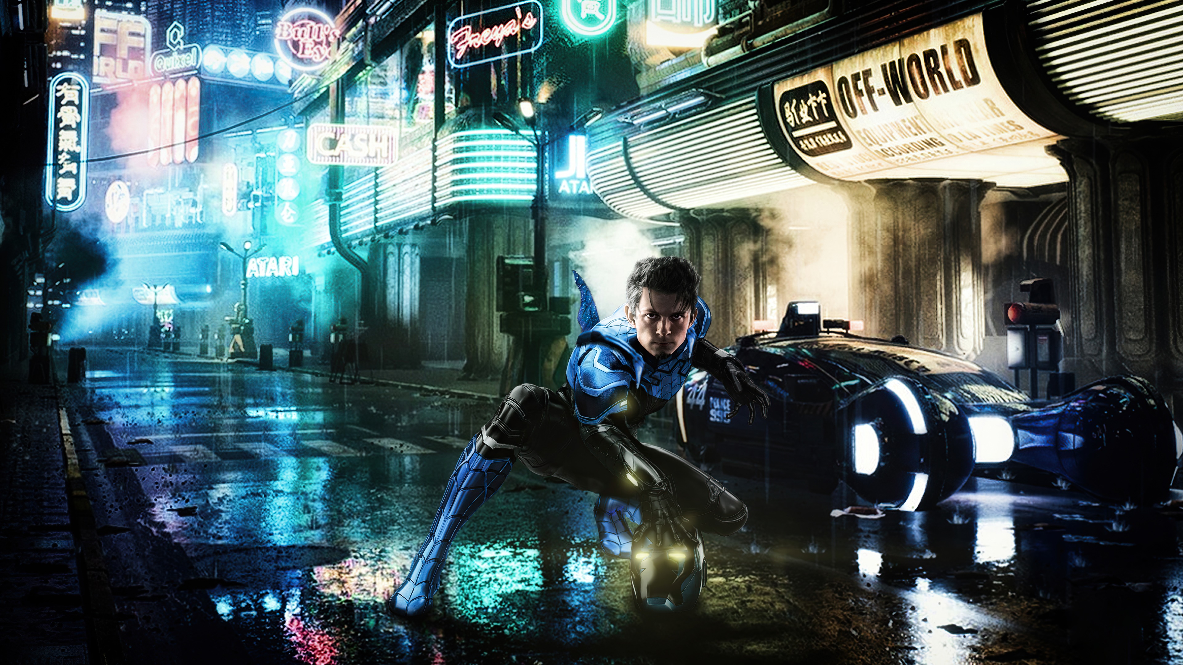 Blue Beetle in a futuristic city HD Wallpaper