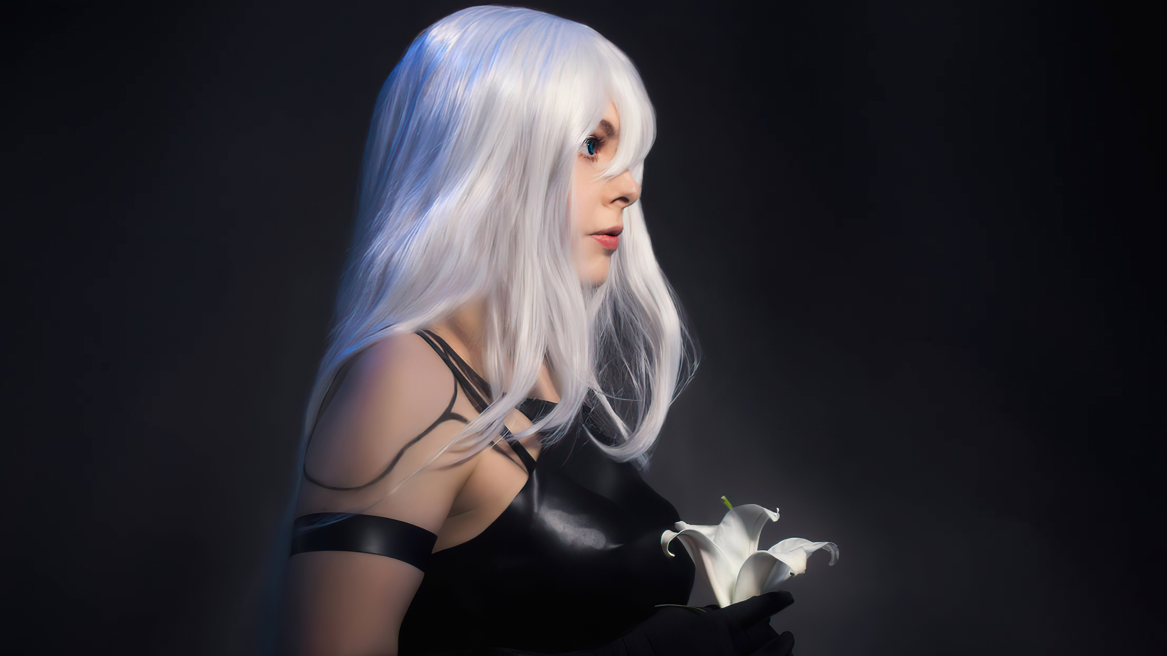 A2 from Nier Automata holding a white lily HD Wallpaper