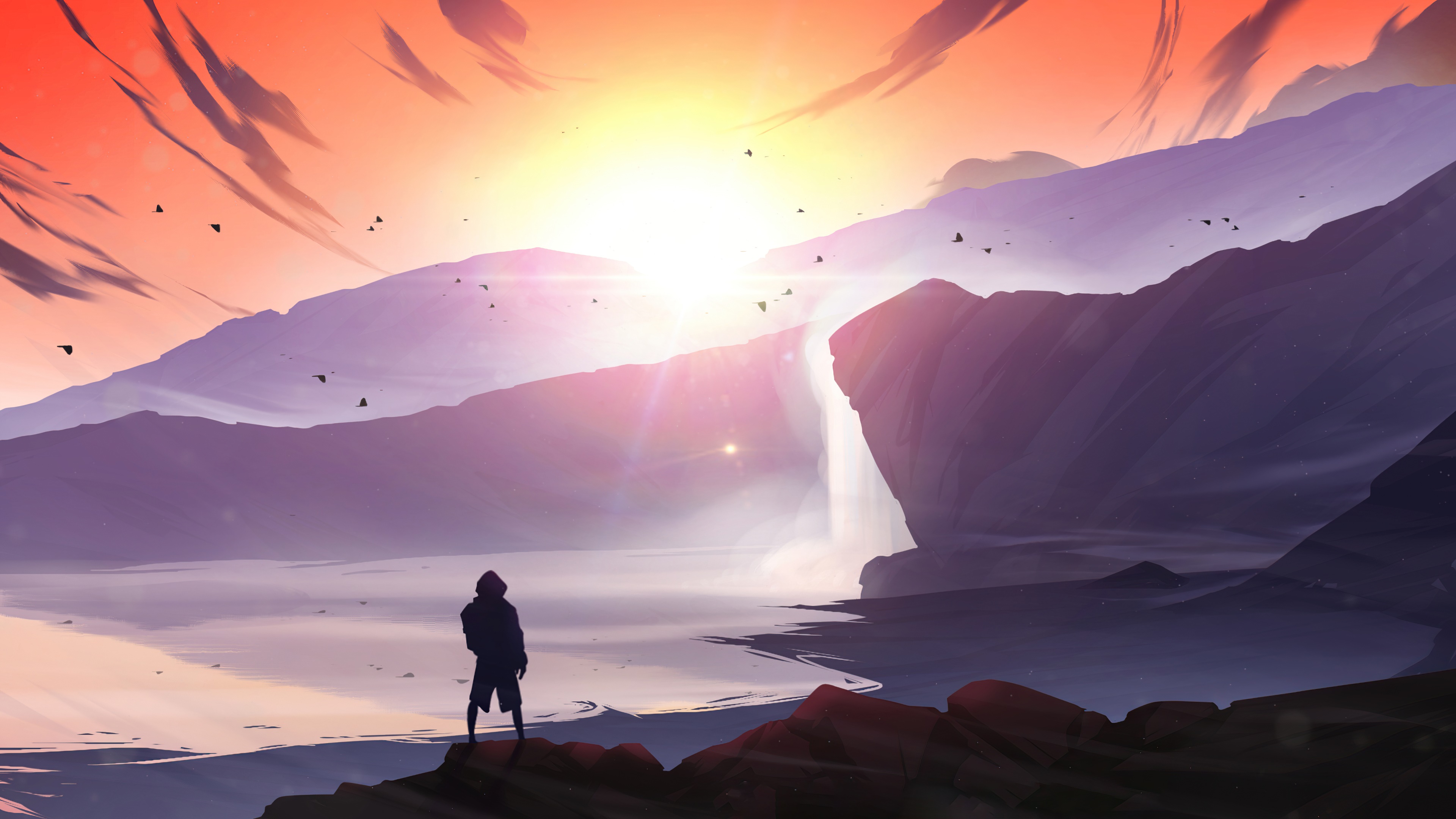 Digital art of a lone figure overlooking a waterfall at sunset HD Wallpaper