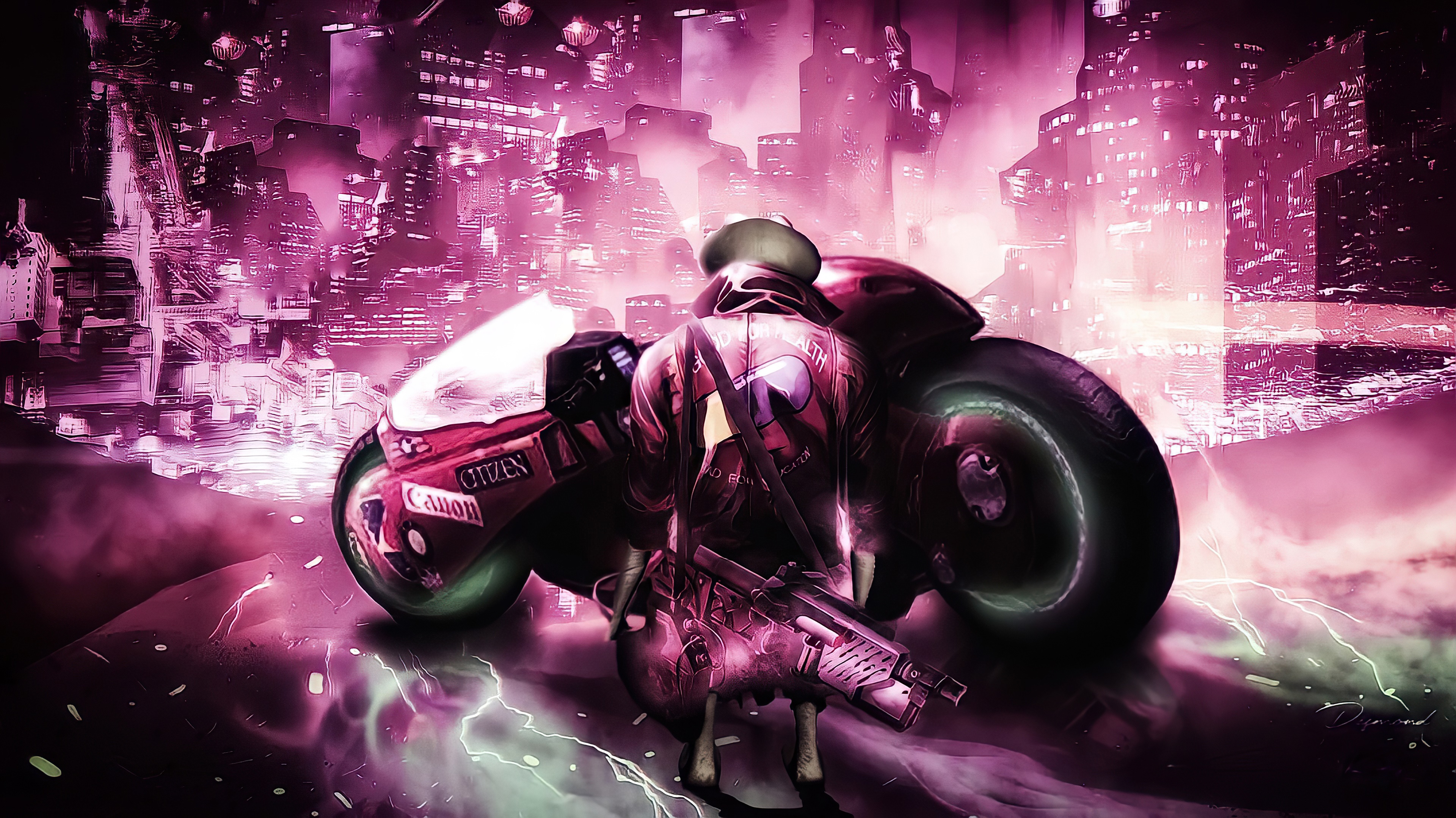 Man with gun and motorcycle in cyberpunk city HD Wallpaper