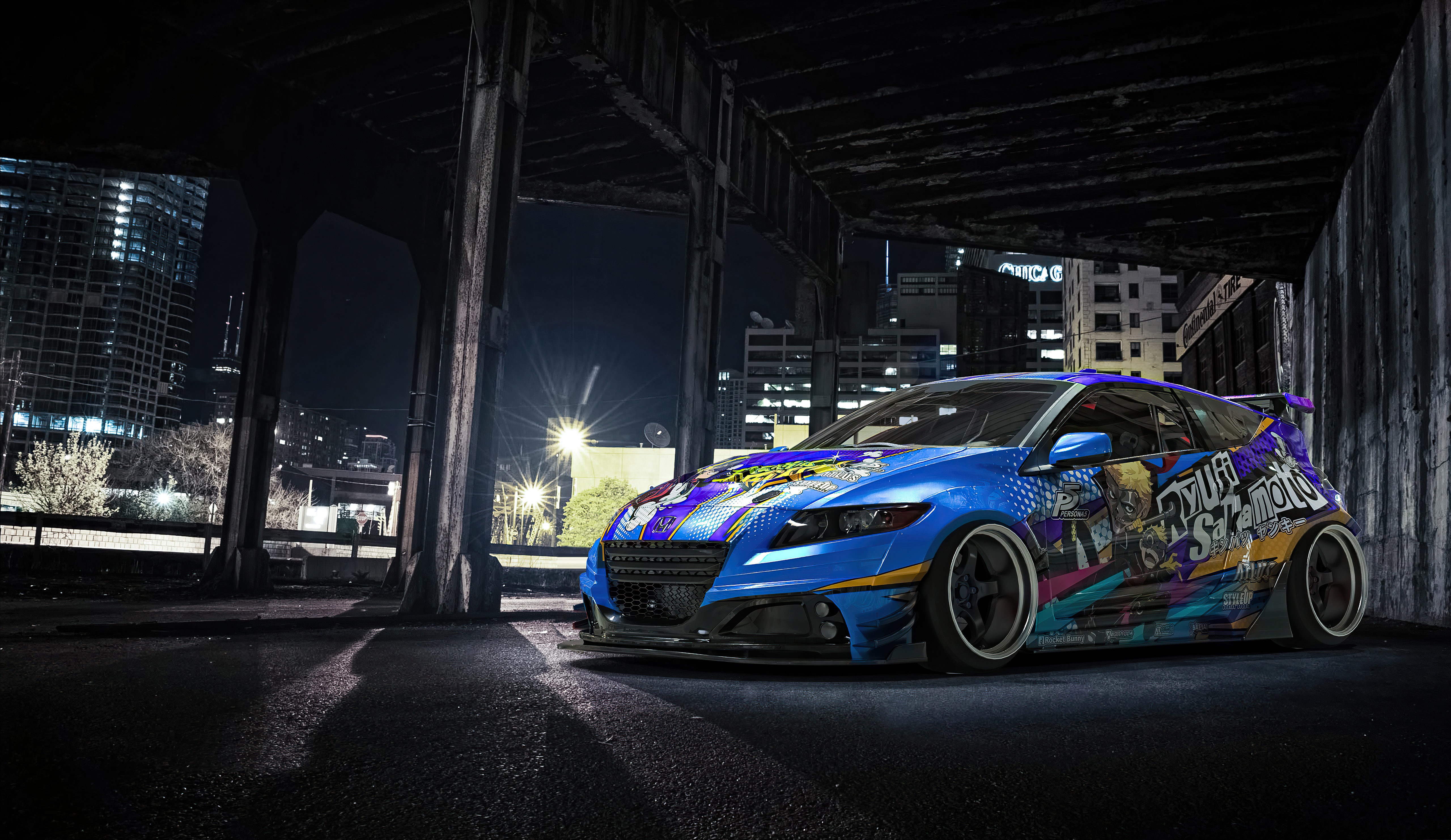 Blue Honda CR-Z with anime-inspired graphics HD Wallpaper