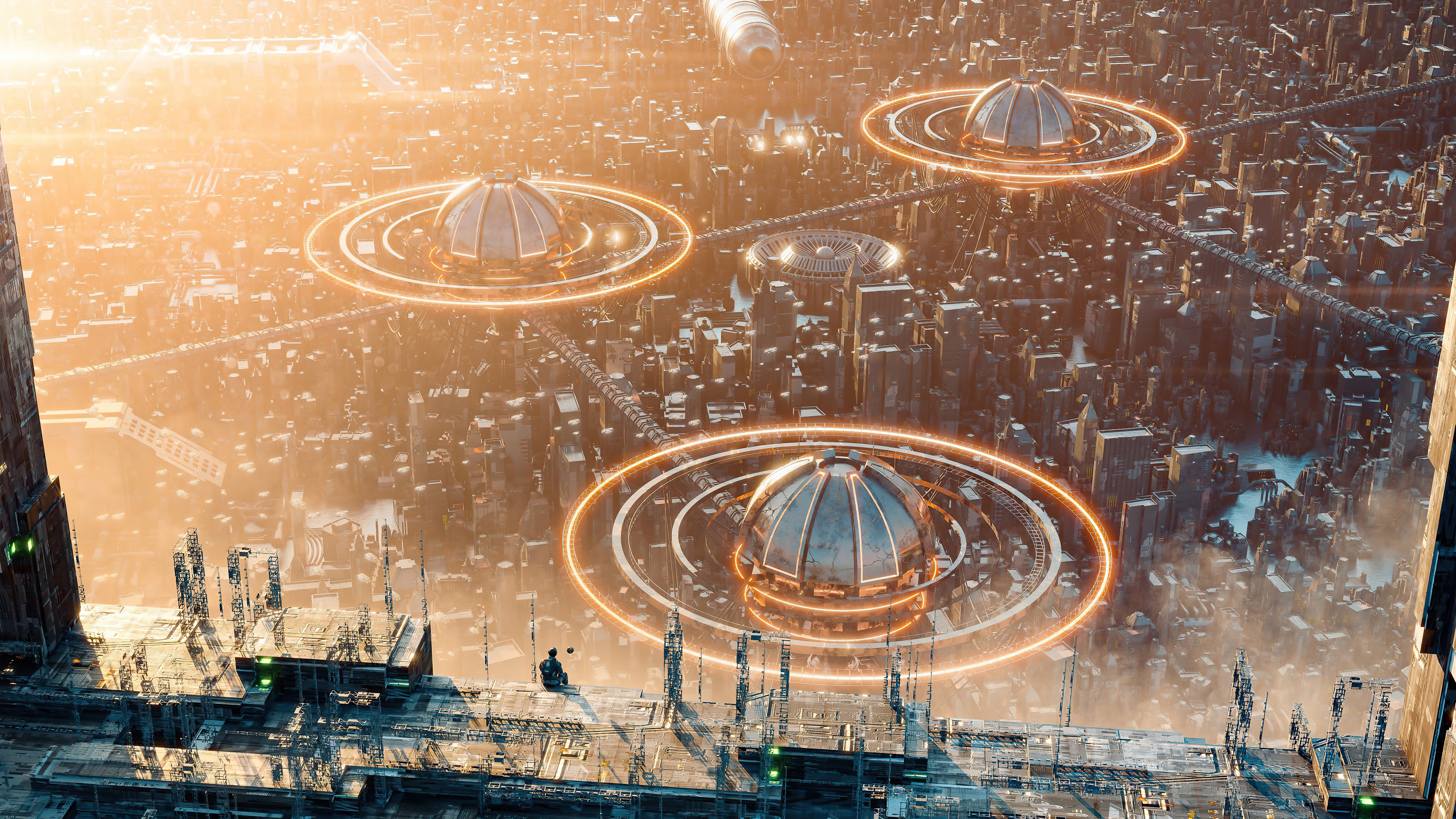 Sci-fi city with glowing rings and futuristic structures HD Wallpaper