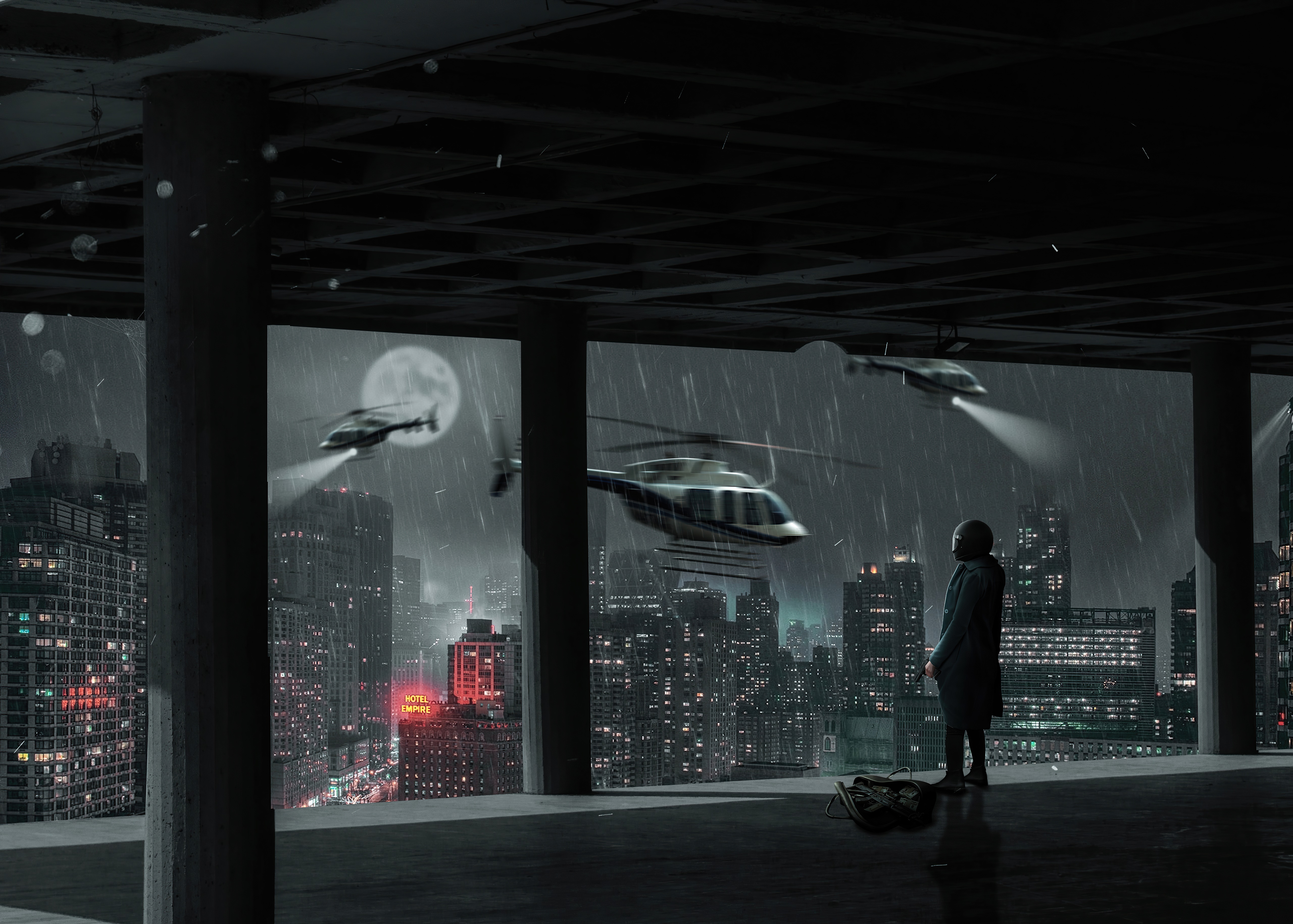 Digital art of helicopters over a city at night HD Wallpaper