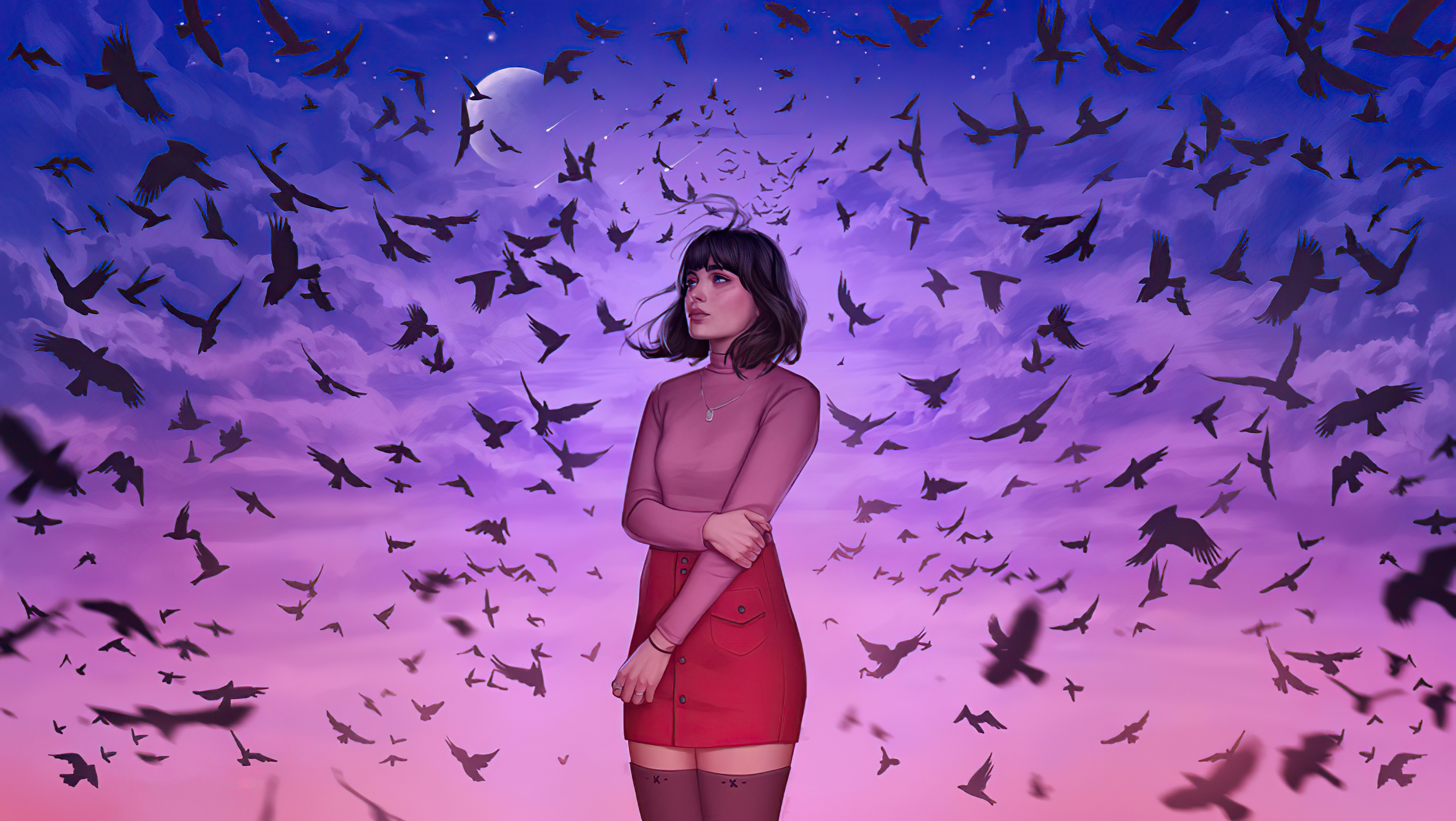 Girl surrounded by a flock of birds at sunset HD Wallpaper